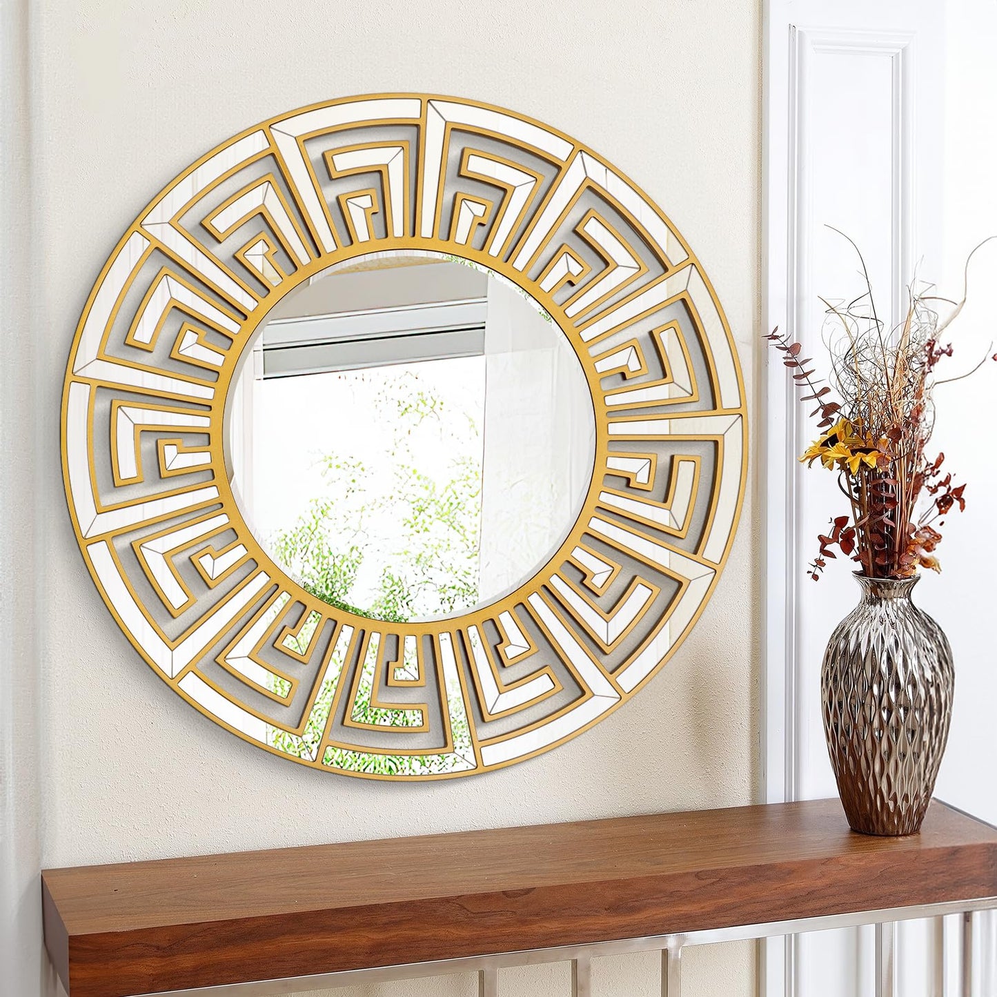 Autdot 31.5"x31.5" Gold Round Mirror with Decorative Geometric Pattern, Accent Wall Mounted Mirror for Modern Living Room, Dining Room, Bedroom, Entryway