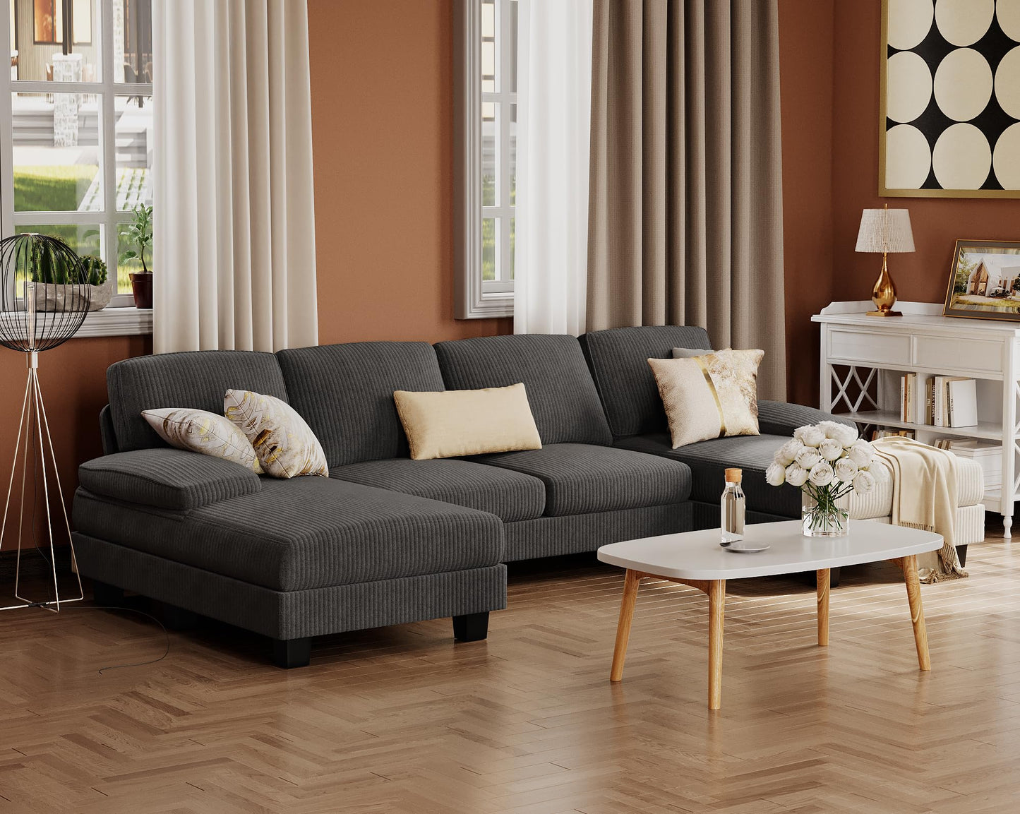 Furmax Sectional Couches for Living Room, U-Shaped Sofa Couch with Linen Fabric, 4 Seat Sofa Set with Double Chaise for Apartment (Corduroy, Dark Grey)