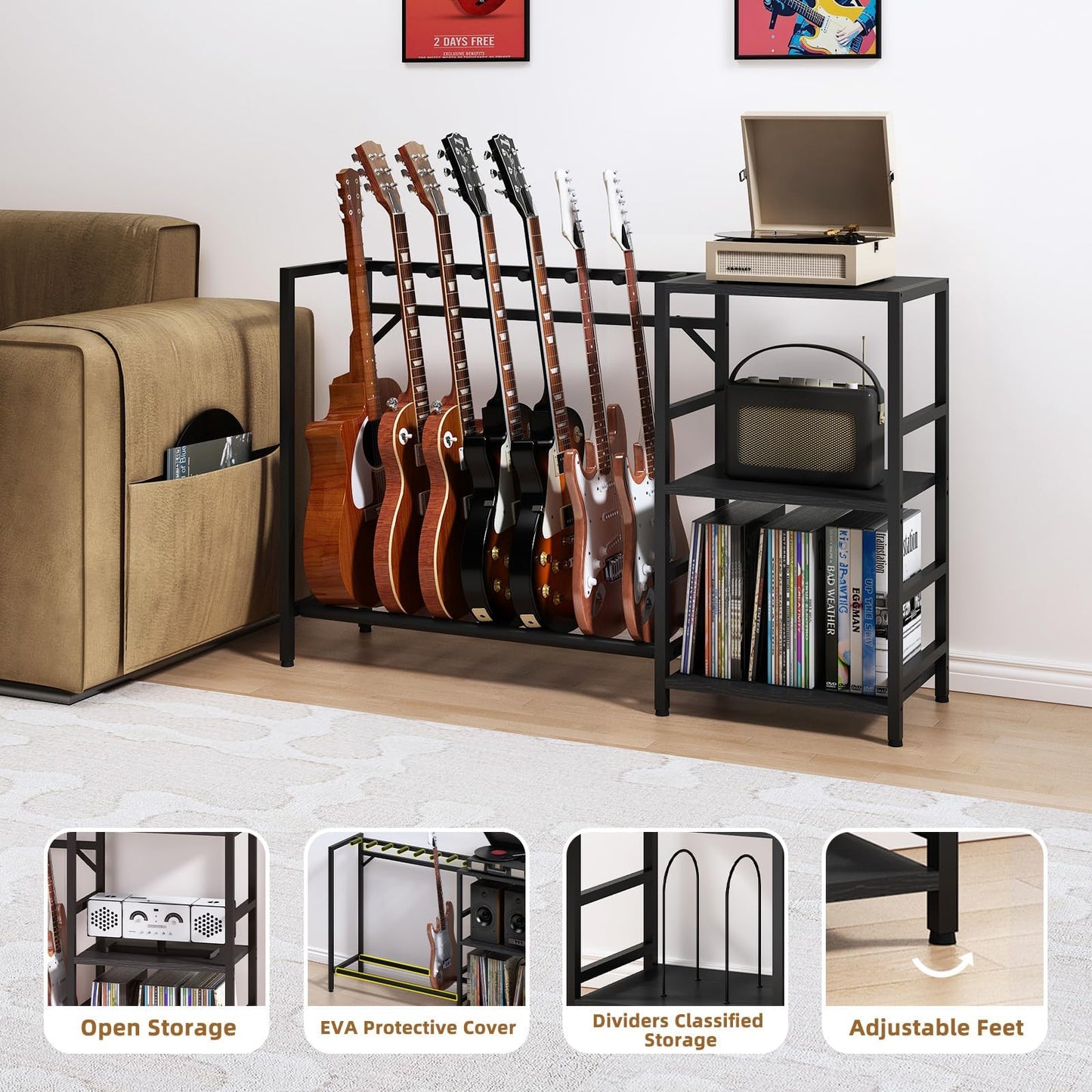 ZHNSYDN Guitar Stand with Record Player Stand, Guitar Rack with Record Player Table, Guitar Holder 7 Space for Multiple Guitars, Bass, Acoustic, Guitar Display for Home Music Studio, Black