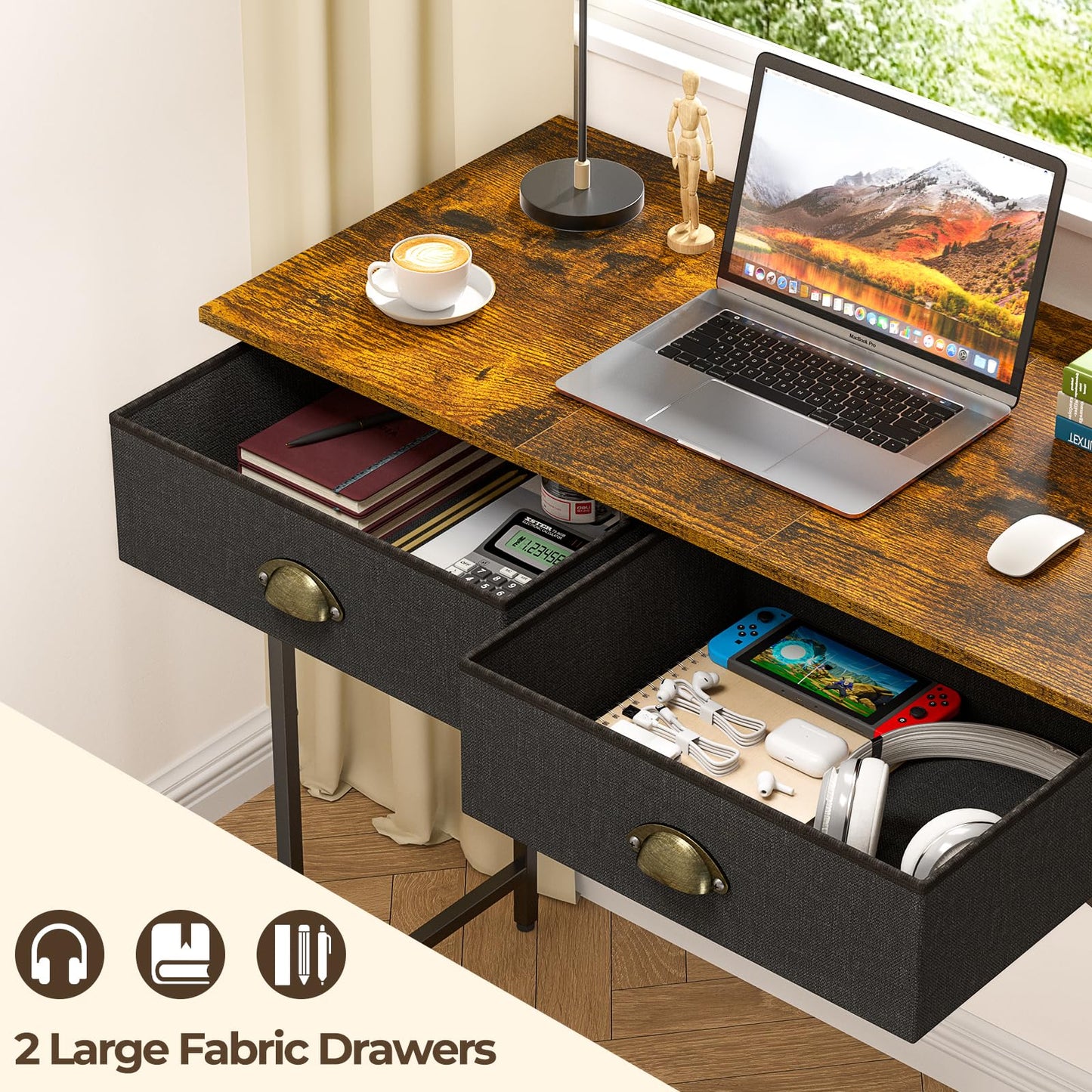 DAOUTIME Small Writing Desk for Kids Bedroom, 31.5 Inch Computer Desk for Small Spaces, Simple Desk with 2 Fabric Drawers for Home Office, Dorm, Living Room, Home Study Table, Rustic Brown