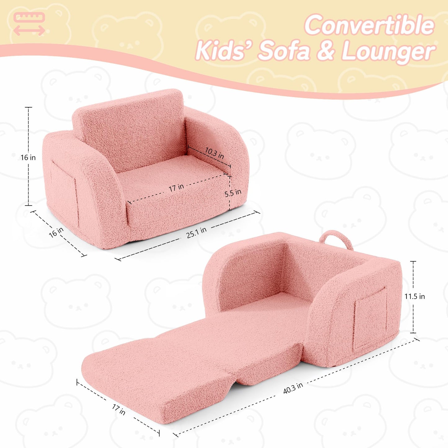 MuaMelop Toddler Couch, 2-in-1 Toddler Chairs Comfy 1-3 Years Old, Toddler Chair for Girls and Boys, Kids Couch Bed Fold Out, Convertible Baby Sofa to Lounge Chair for Playing, Reading, Napping, Pink