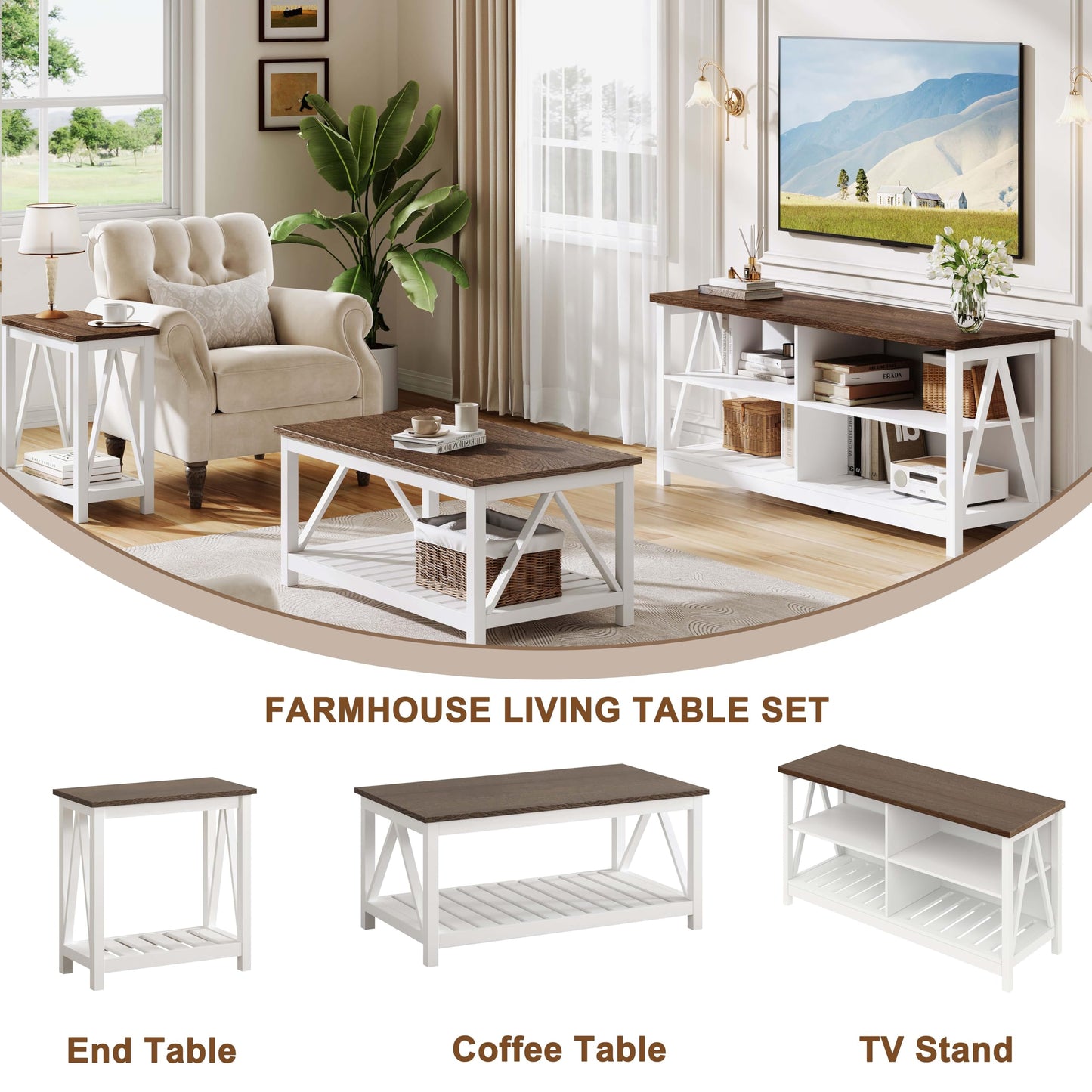 ChooChoo Farmhouse TV Stand for TVs up to 55 Inch, Modern Entertainment Center with 4 Open Shelves & Built-in Cable Holes, Media TV Console for Living Room, Bedroom, White
