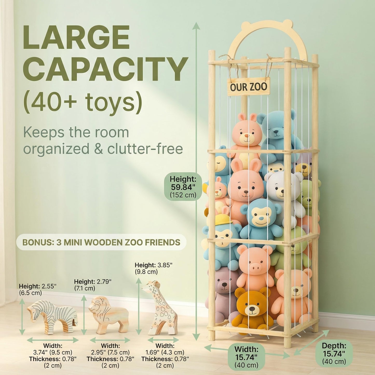 Sortivo Stuffed Animal Storage & Organizer with 3 Animal Figurines Set, 60In Large Capacity Stuffy & Plushies Storage Holder for Playroom, Nursery, Bedroom & Kids Furniture