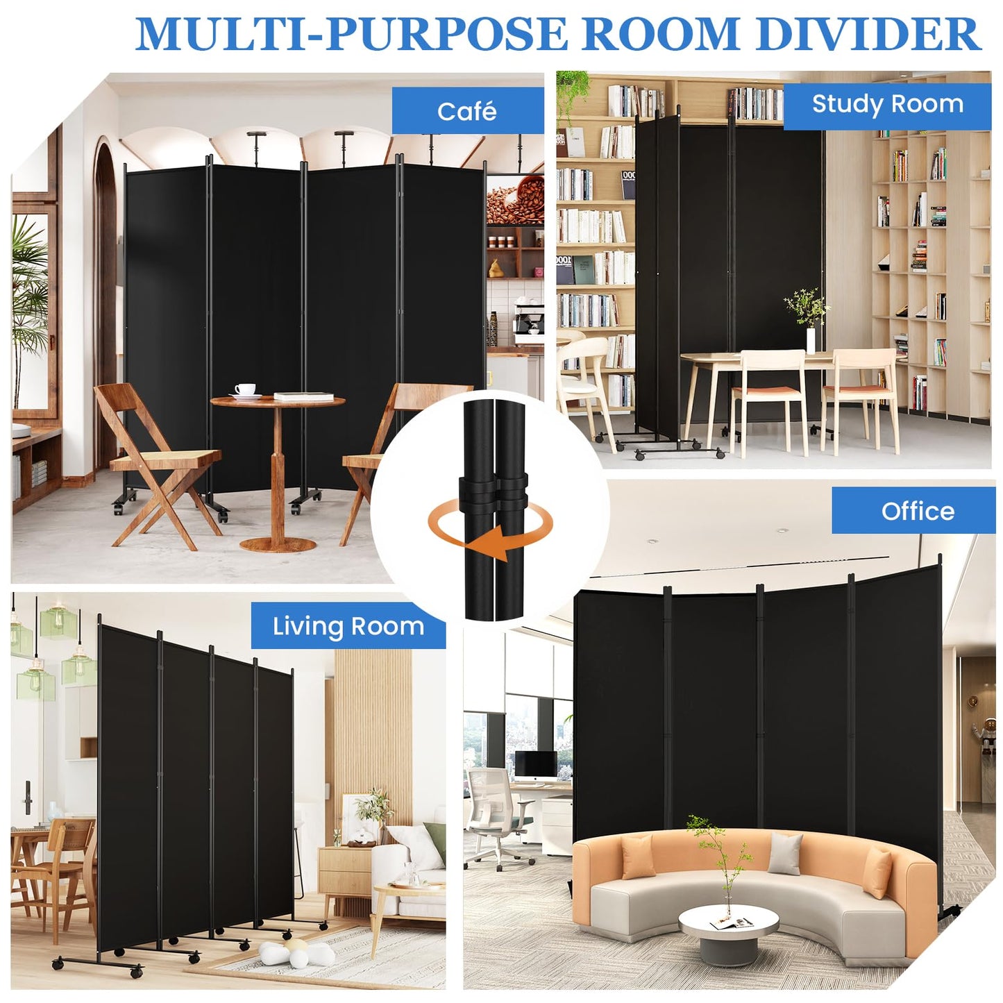 SUNALLY Room Divider 6FT Folding Privacy Screens with Lockable Wheels, 6 Panel Room Partition for Room Separator, 132" W Freestanding Portable Fabric Wall Dividers for Home Dorm Studio Office, Black