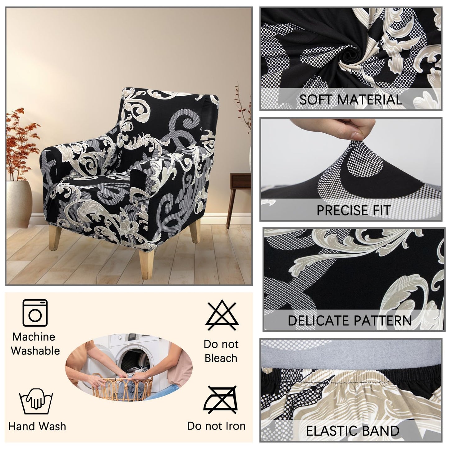 Adigau Printed Armchair Covers 1-Piece Elastic Chair Slipcovers with Arms Reception Office Reading Sofa Cover Washable Furniture Protector for Living Room Light Luxury(Black Wave)