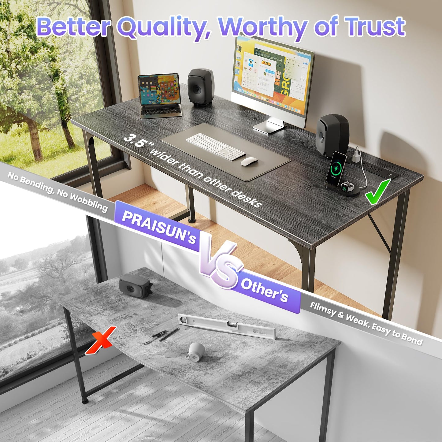 PRAISUN 47 X 20 Inch Office Computer Desk with Power Outlets and USB-C Port, Larger Gaming Desk, for Home Office, Study, Bedroom, Writing Work from Home Table, Metal Frame, Grey