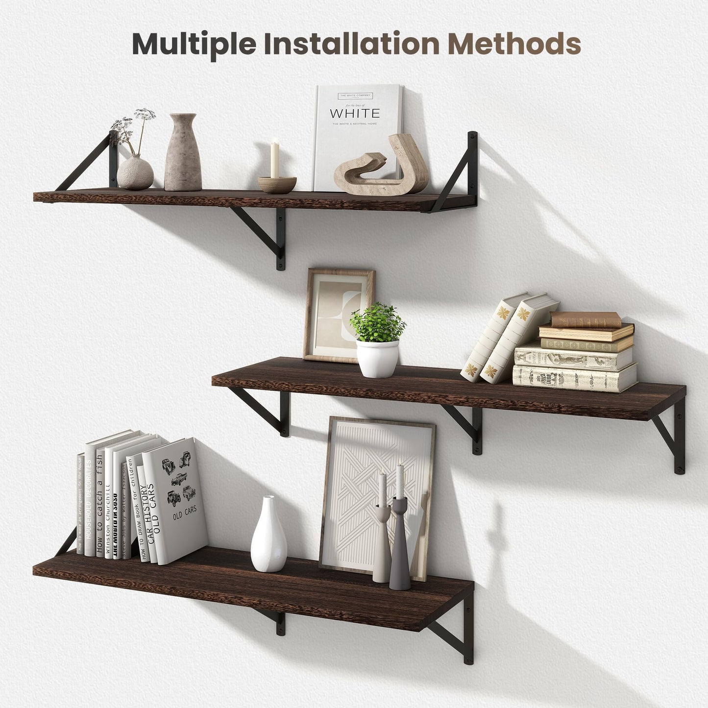 Marsmiles Deep Floating Shelves | 36 Inch Dark Wood Wall Shelves Set of 2 | 12 Inch Deep Floating Shelves for Wall | 36''W x 12''D Rustic Brown Wooden Shelves for Bathroom Living Room Bedroom Kitchen