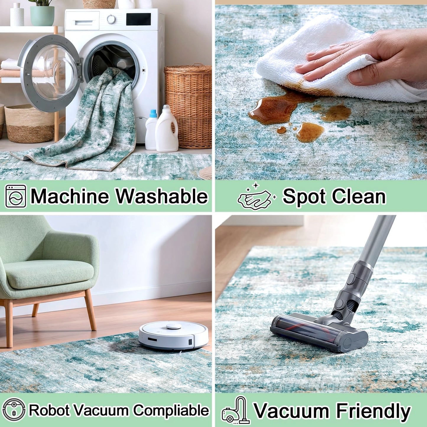 Cnythlis Washable Pet Friendly Area Rug, Water Resistant Abstract Carpet, 0.3" Low Pile, Foldable Non-Slip Silicone Backing, Living Room Nursery Bedroom, 5'x7', Sage Green
