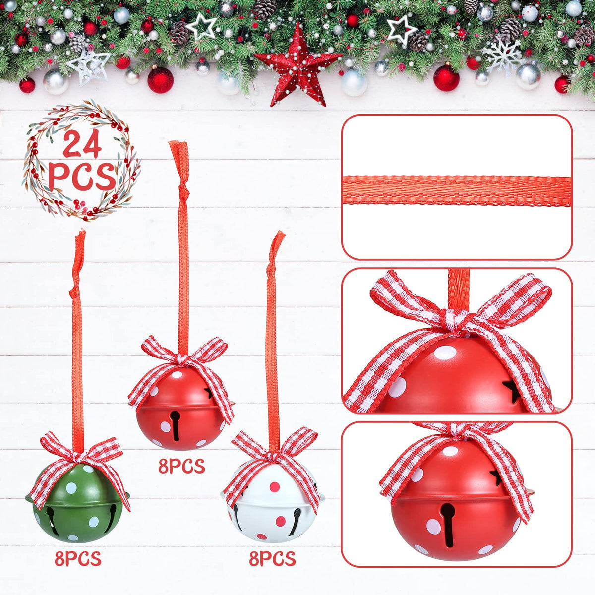 Naler 24 Pieces Christmas Jingle Bells with Ribbon Metal Cutout Craft Bells Hanging Ornaments for Christmas Tree Xmas Decoration, Red Green White, 1.57”