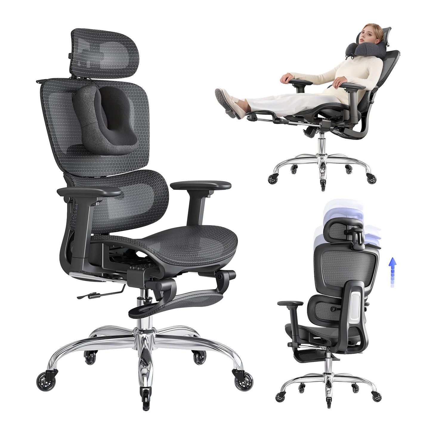 LarkLeaves Office Chair with Footrest, Ergonomic Chair with Neck Pillow & Rubber Wheels, Computer Chair with Adjustable Backrest & 3D Armrests Headrest, Gaming Chair Adaptive Lumbar Support, Black