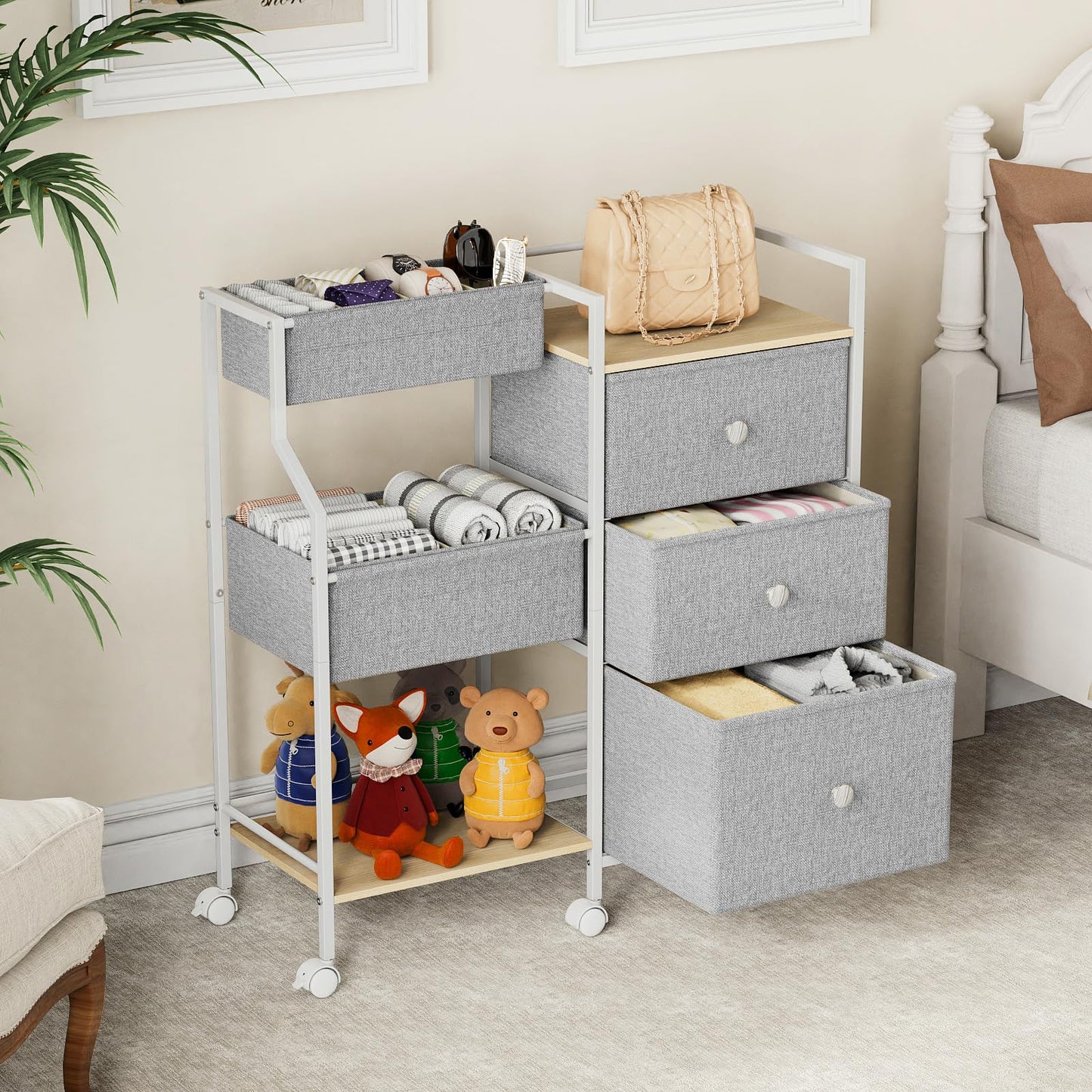 Modanais Baby Organizer and Storage - 3 Tier Rolling Cart with Dividers and Drawers, Easy To Assemble, Mobile Utility Cart with Wheels for Nursery, Bedroom, Changing Table & Crib,Light Gray