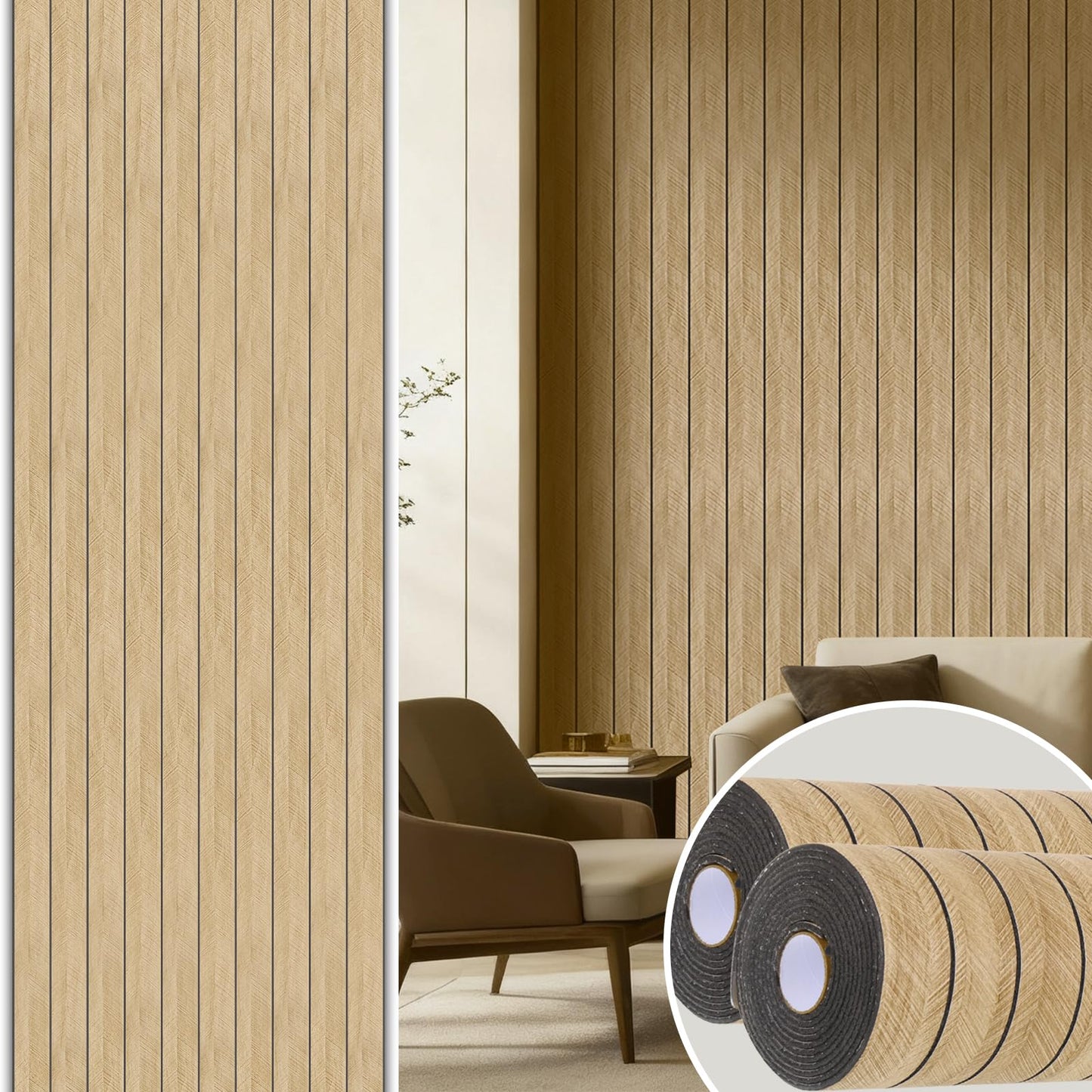 EYUNSTAR Peel and Stick Slat Wall Panel, 2 Rolls 118.1 x 15.7 in, Brown Faux Wood Grain 3D Panels, Self Adhesive PVC Wallpaper for Bedroom Living Room Office Wall Decor