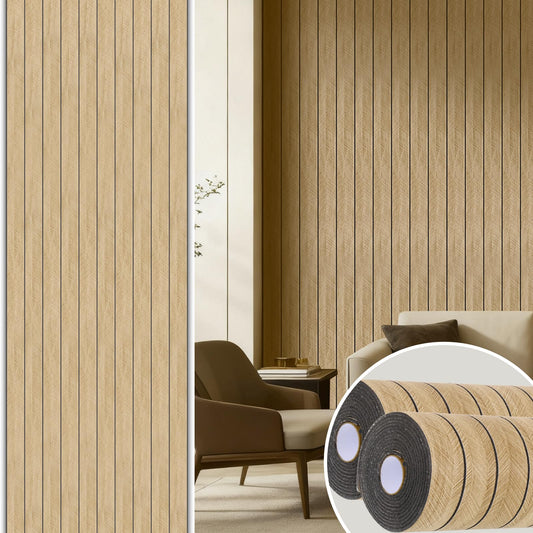 EYUNSTAR Peel and Stick Slat Wall Panel, 2 Rolls 118.1 x 15.7 in, Brown Faux Wood Grain 3D Panels, Self Adhesive PVC Wallpaper for Bedroom Living Room Office Wall Decor