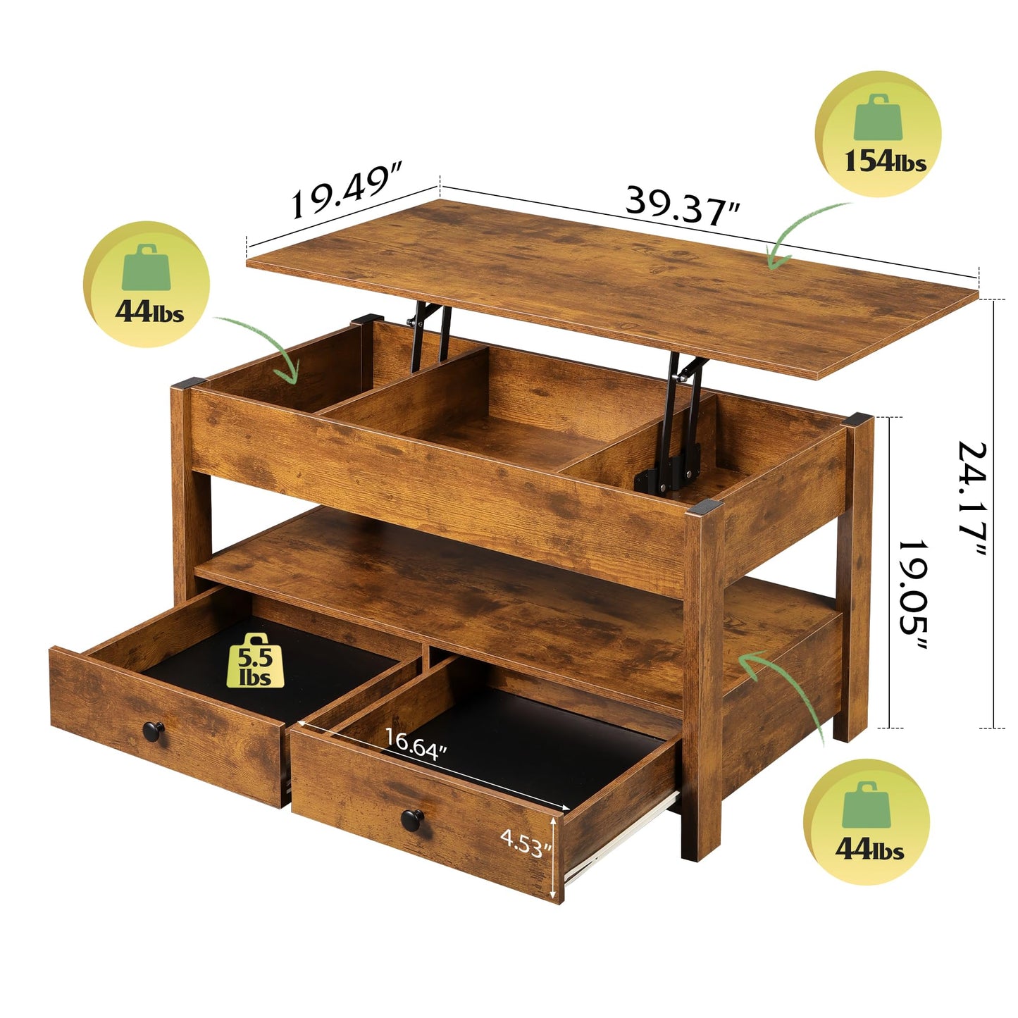 WLIVE Coffee Table, Lift Top Coffee Table with 2 Drawers, Large Hidden Compartment and Open Storage Shelf, Lift Tabletop, Dining Table for Living Room, Rustic Brown