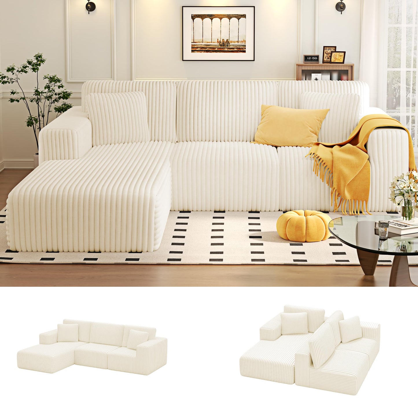KINGYES 107'' Modular Sectional Sofa, L Shaped Cloud Couch for Living Room, Modern Boneless Sofa with Chaise for Bedroom, Beige