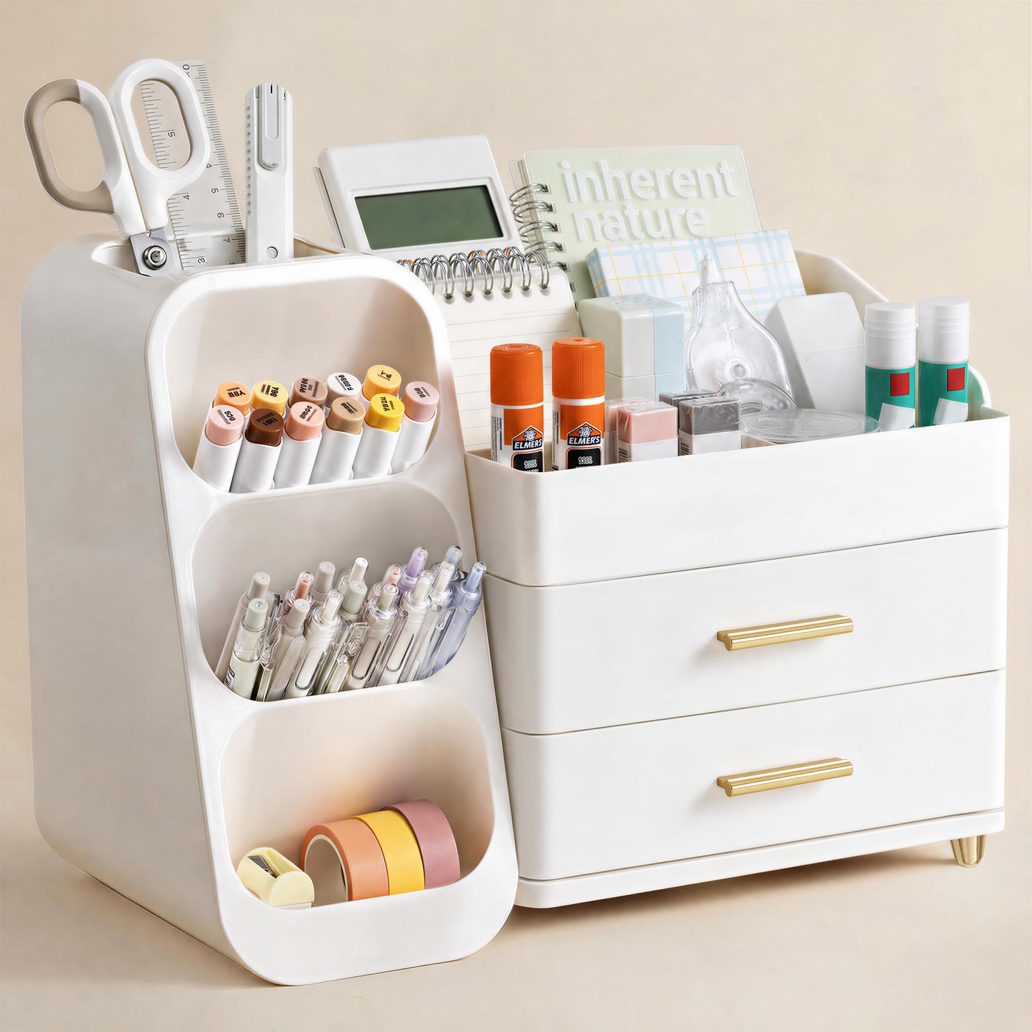 HBlife Desk Organizer with Pen Pencil Holder for Desk, Pen Organizer with 2 Drawers, Desk Organizers and Accessories with 4 Compartments, Desktop Storage for Office Home School Art Supplies, All White