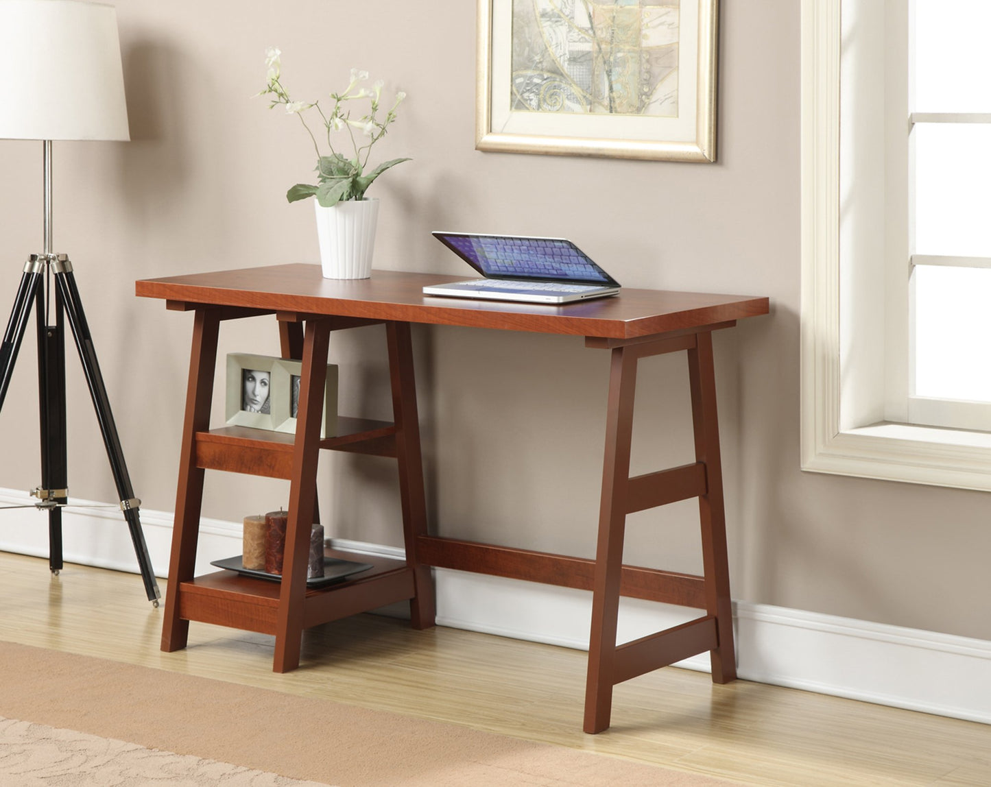 Convenience Concepts Designs2Go Trestle Desk 47" - Modern Desk or Vanity with Shelves, for Office, Dorm, Living Room, Cherry
