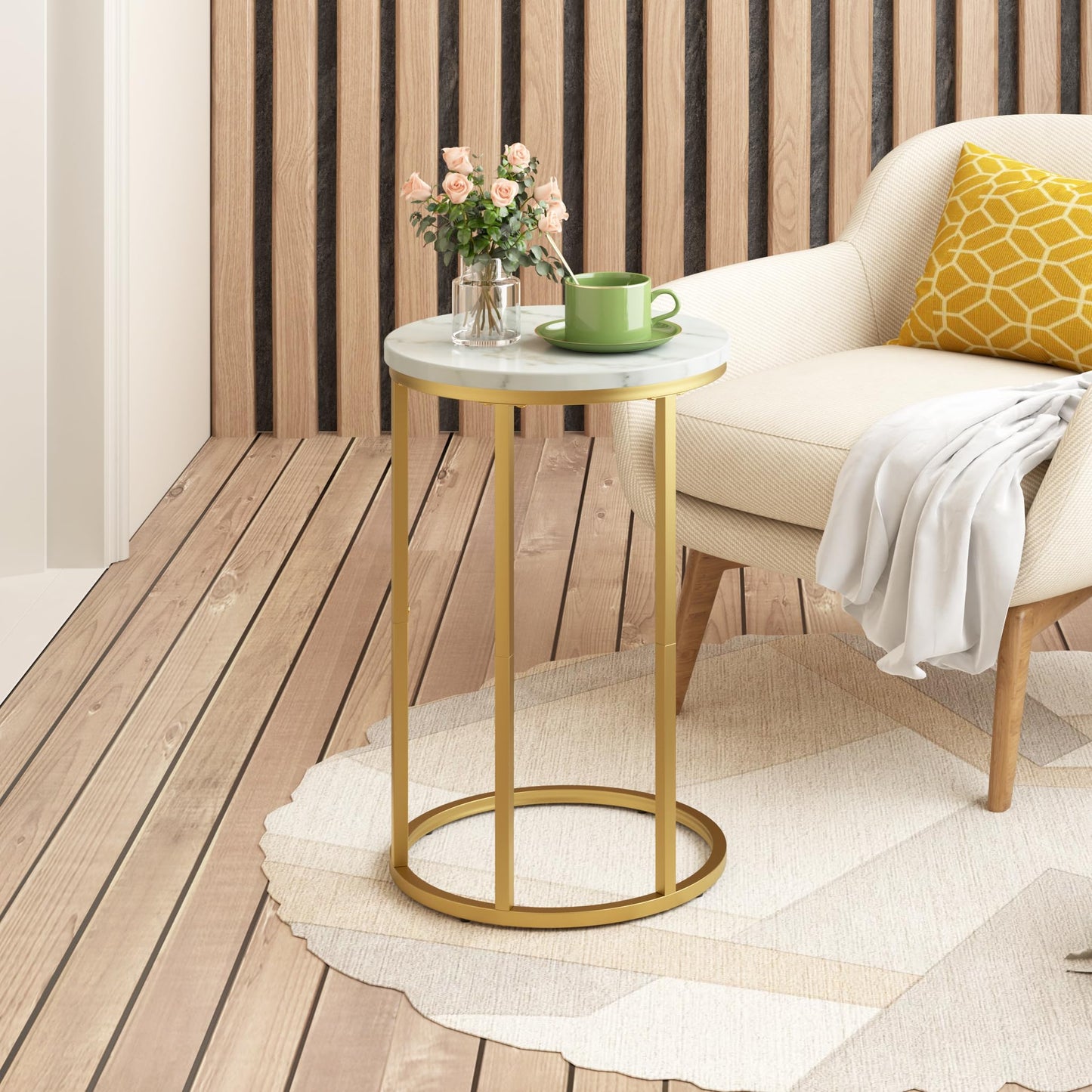 Function Home C Table End Table, Marble C Shaped Sofa Side Table, Couch Tables that Slide Under, Snack Accent Table for Living Room Bedroom Small Space, Marble Top and Gold Metal Frame