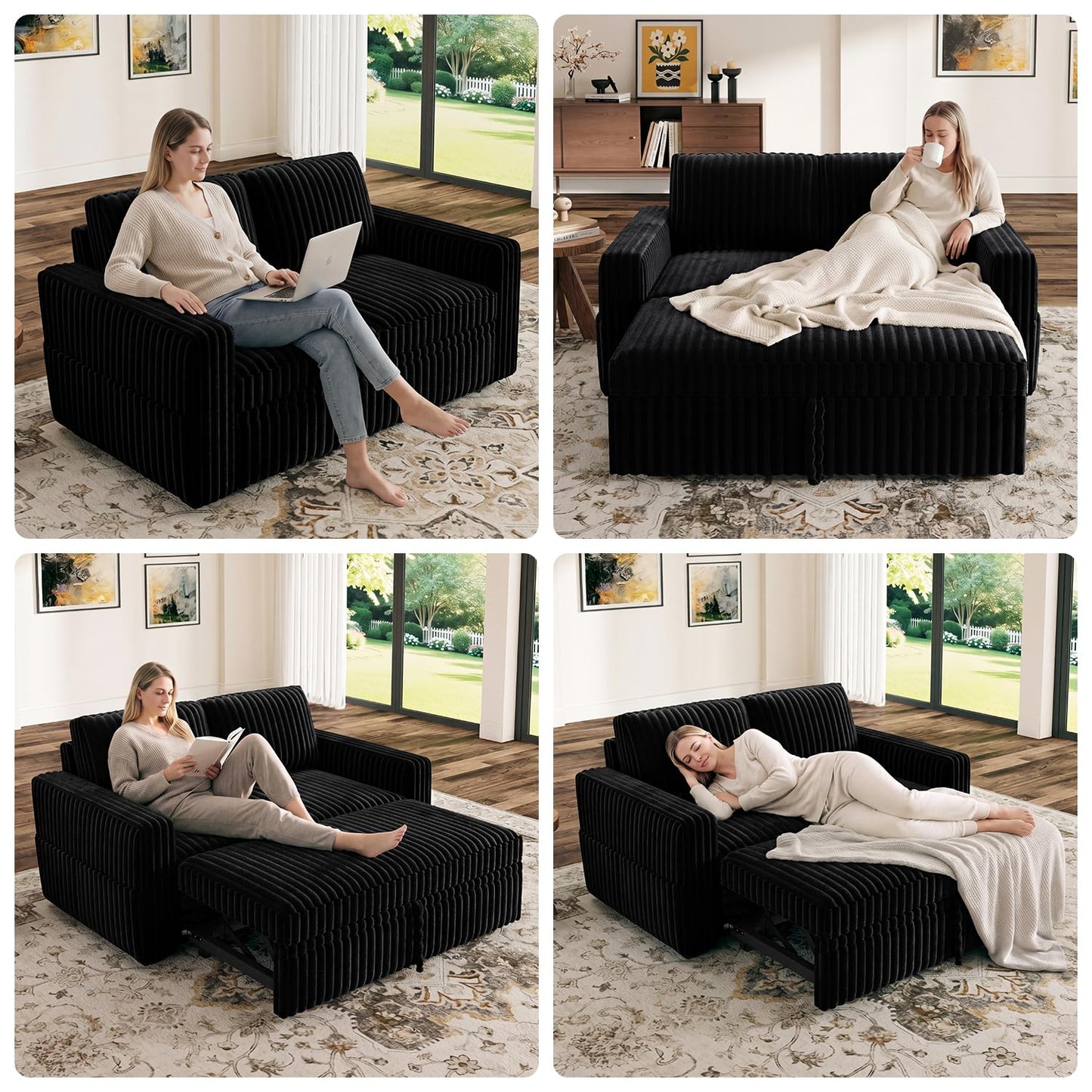 HONBAY Modular Pull Out Sofa Bed,Corduroy Loveseat, Couches for Living Room,Black