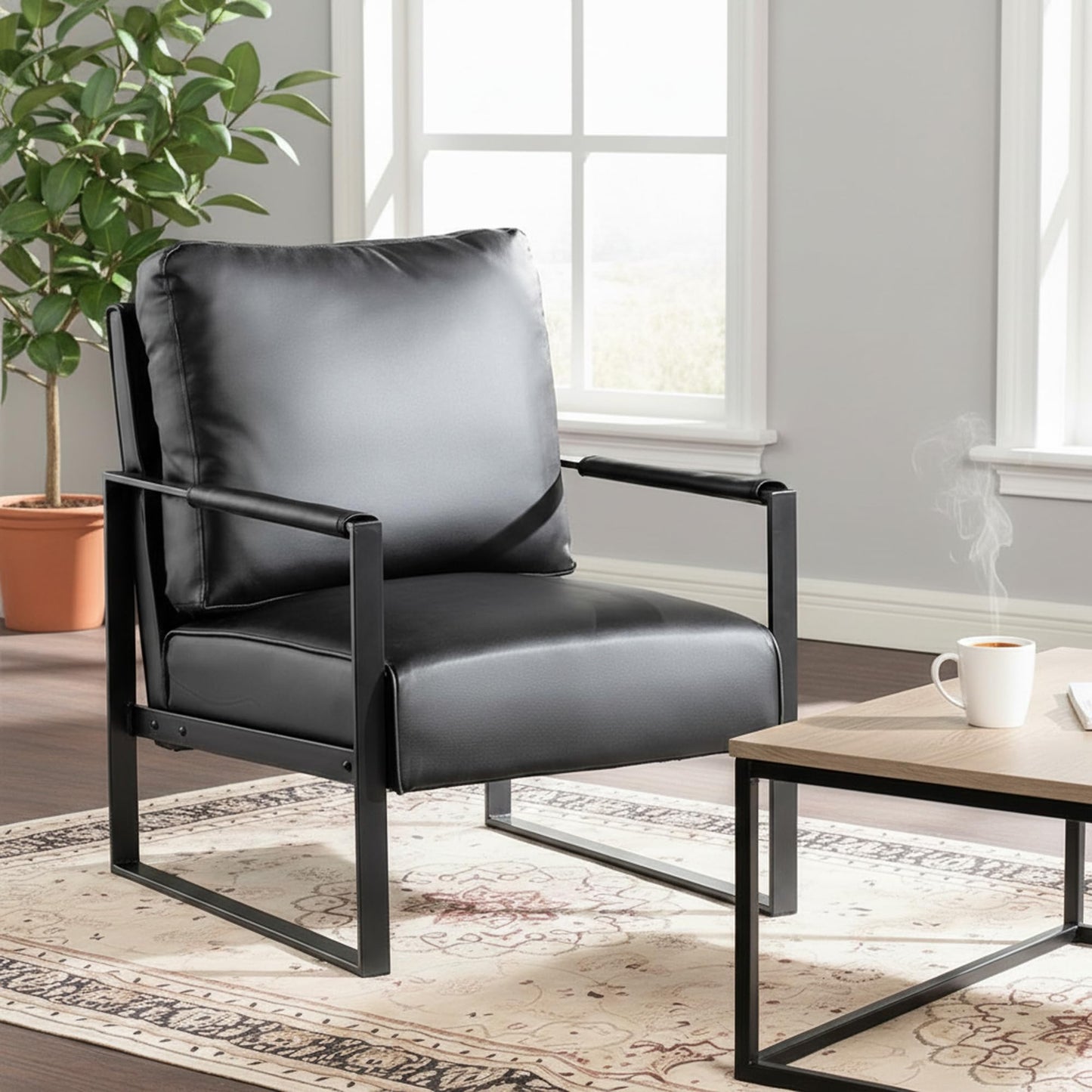 Container Furniture Classic Mid Century Modern Accent Chair with Durable Square Metal Frame, Armchair for Living Room, Bedroom, Home Office in Spotted Microfiber Upholstery, Black -PU Leather