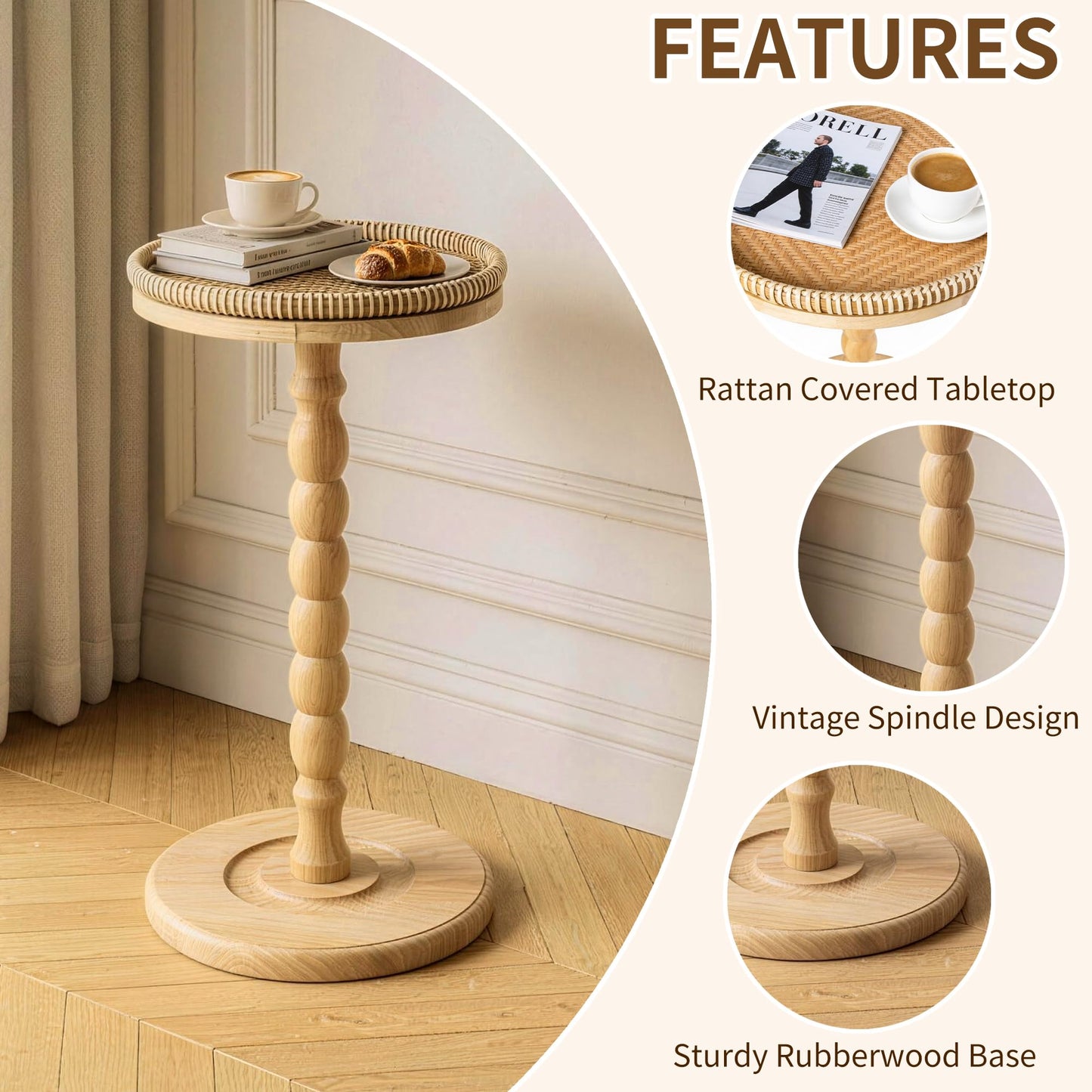 2 Pack Rattan Round Side Table, Rubberwood‌ Small Drink Table for Small Spaces, Solid Wood Pedestal Coffee Tables, End Tables for Living Room, Sofa Couch, Bedroom, Corners, and Outdoor (Natural)