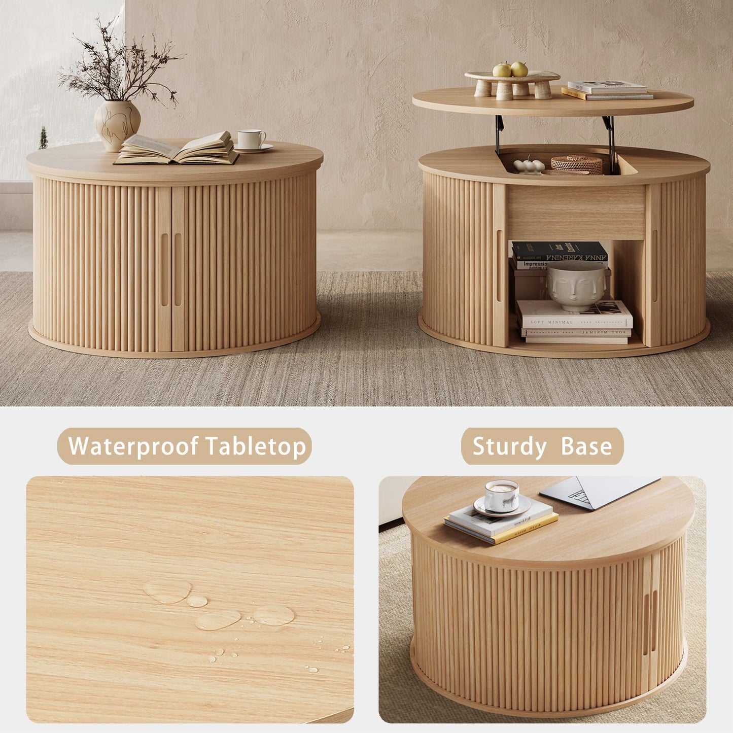 LINSY Lift Top Coffee Table, Round Fluted Coffee Table with Storage, Boho Wooden Coffee Tables with Sliding Tambour Door, 31.5" Center Table for Living Room, Office, Small Space, Natural Oak