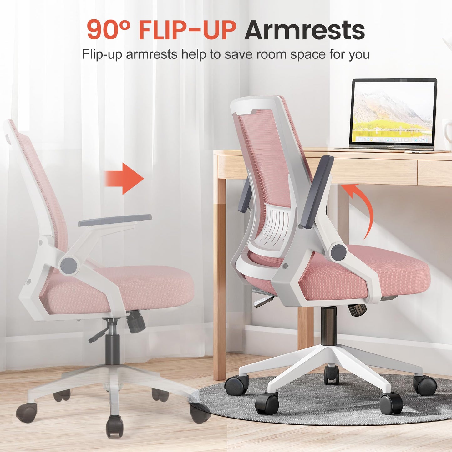 COMHOMA Office Chair with Flip-up Armrests Ergonomic Computer Desk Chair with Adaptive Lumbar Support & Breathable Mesh, Pink
