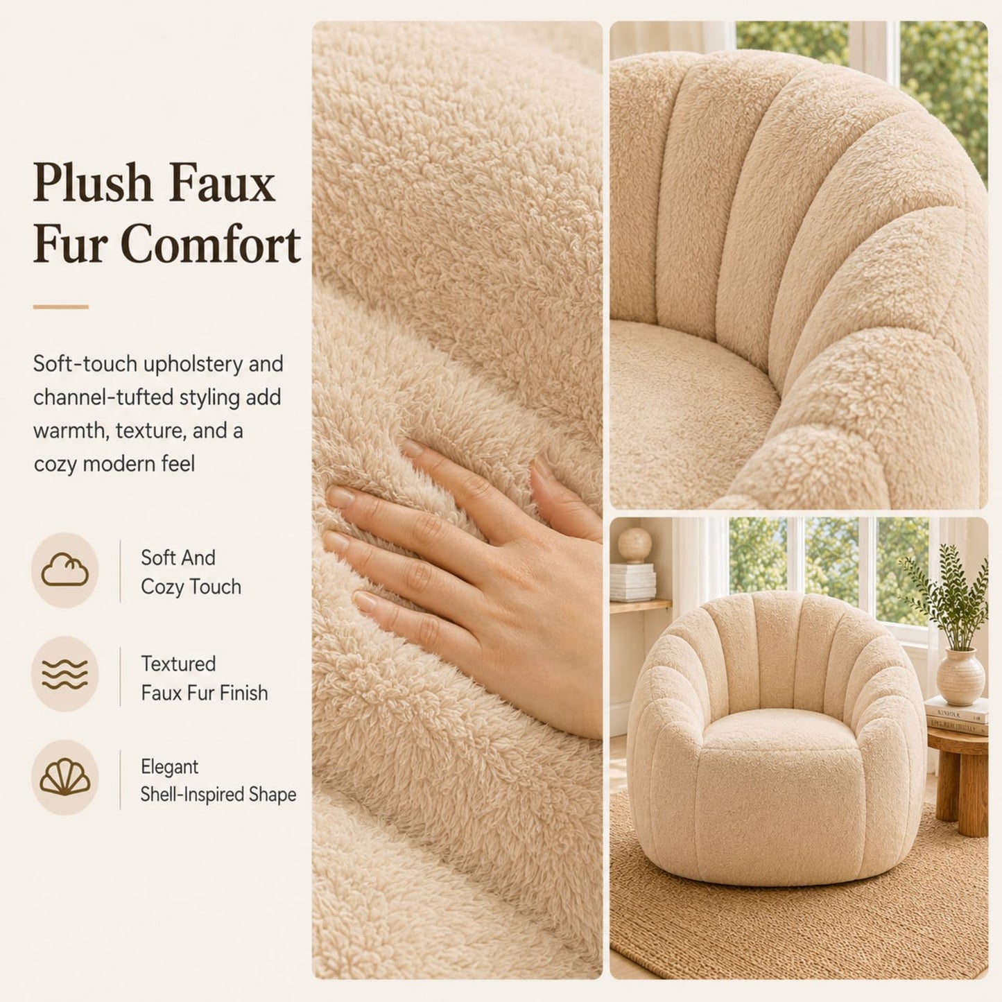 Giant Bean Bag Chair, Oversized Bean Bag Couch with Armrests for Adults, Cozy Faux Fur Shell-Shaped Lazy Sofa with High-Density Foam, Soft Comfy Floor Lounger Chair for Reading & Gaming, Beige