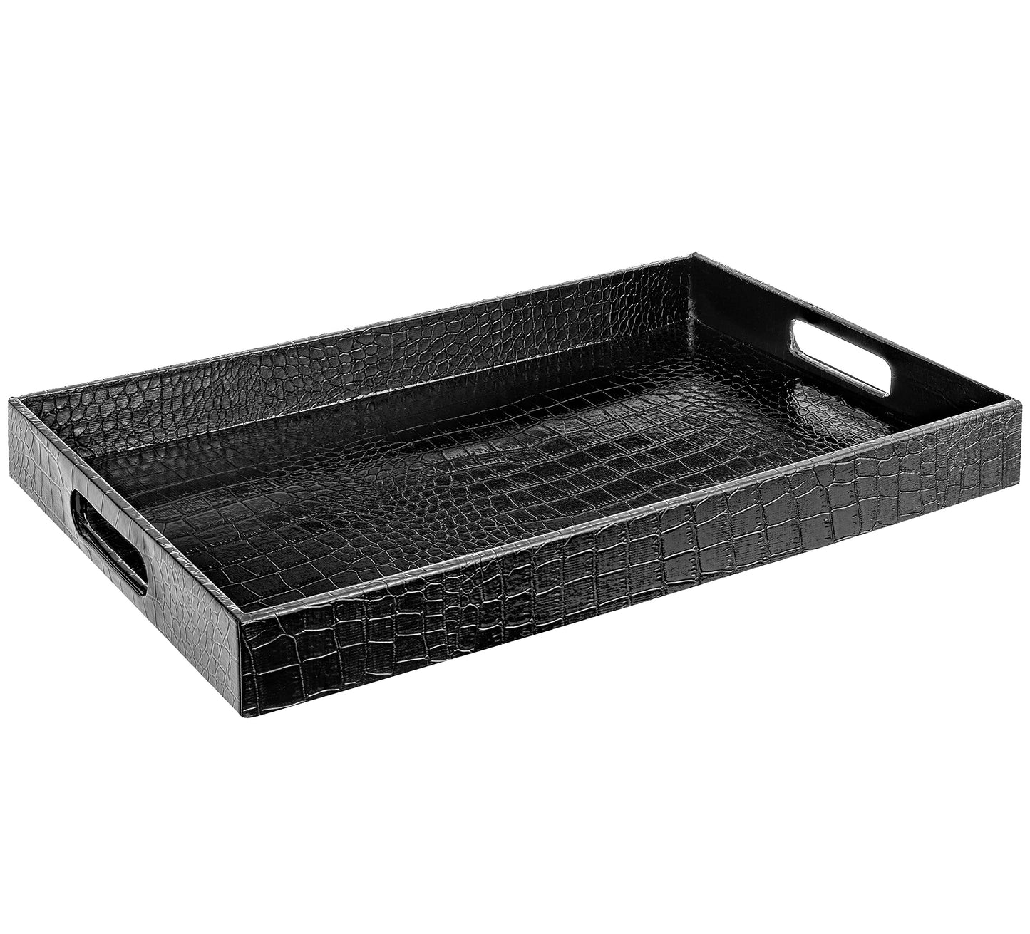 Black Leather Serving Tray with Handles, Glossy Faux Crocodile Print, 17.5x12 Food Drinks Tray for Coffee Table, Breakfast, Dinner & Bar, Decorative Storage Tray for Ottoman, Kitchen, Bedroom, Gift.
