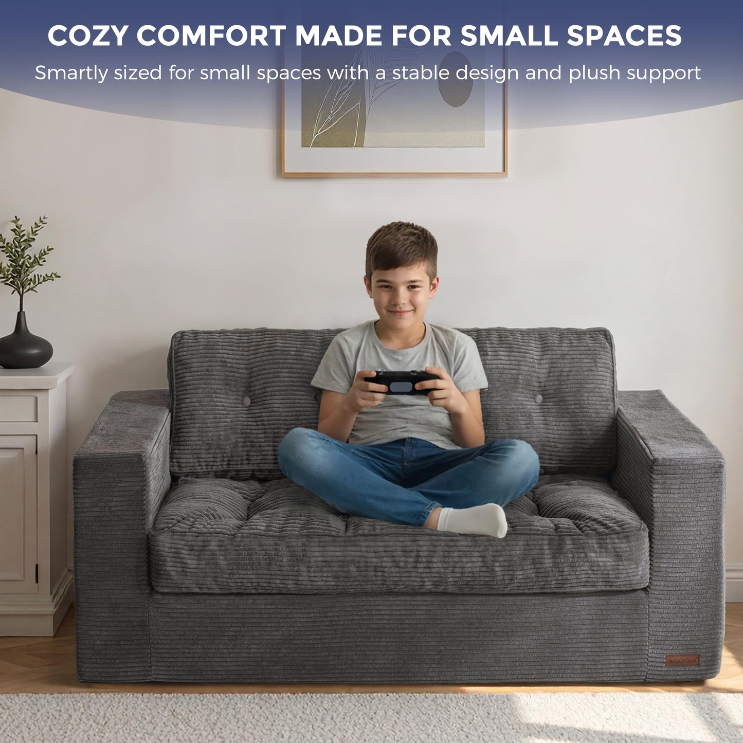MAXYOYO Loveseat Sofa Couch, Upholstered Bean Bag Chair Cloud 2-Seat for Adults, Boneless Couch with Tufted Cushion & Pillows, Sofa in A Box, No Assembly Required, Dark Grey