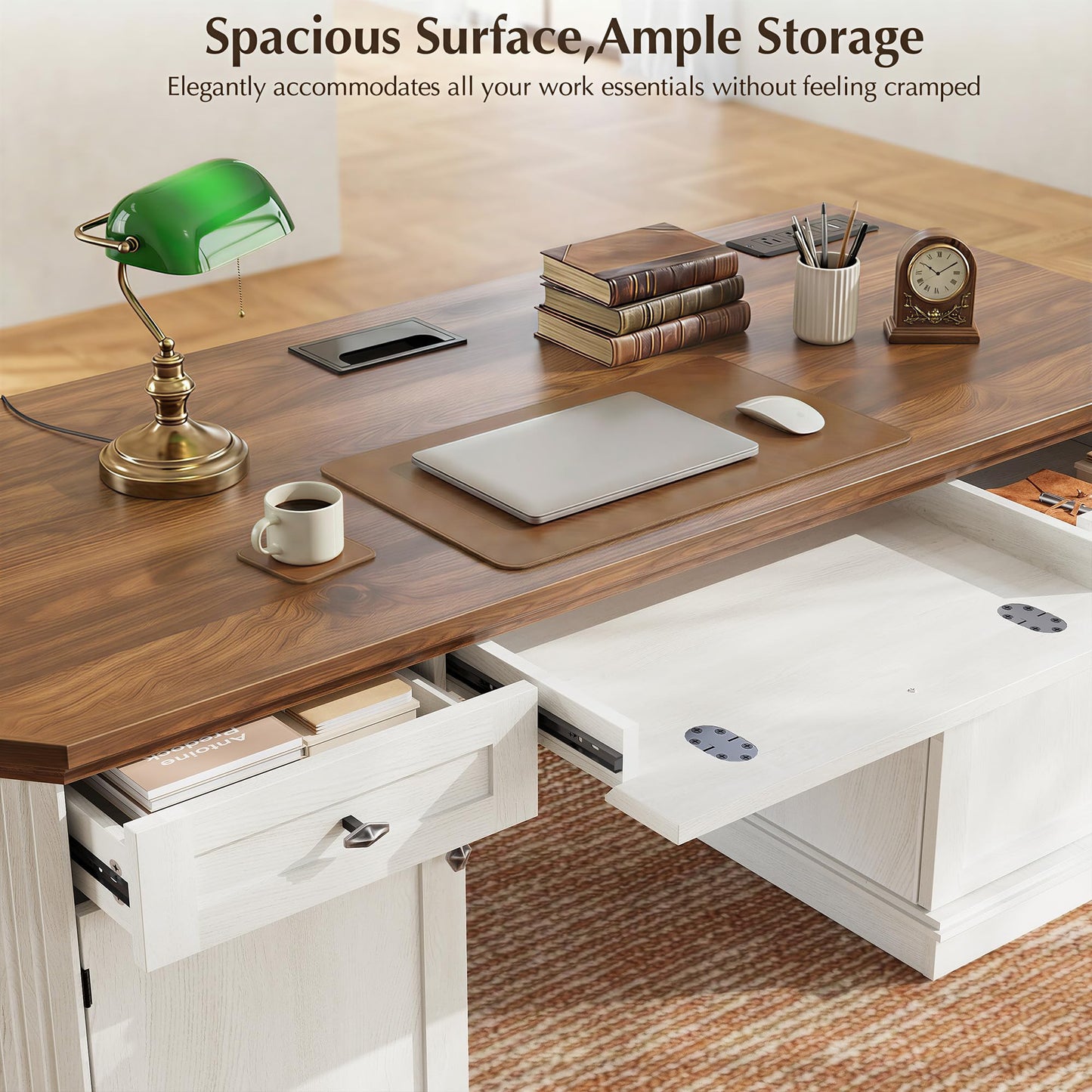 AMBERHAUS 59" Classic Executive Desk with Storage, Victorian Executive Desk with Charging Station, Keyboard Tray, 3 Drawers & Cabinet Storage & Pedestal, Easy Assembly, White