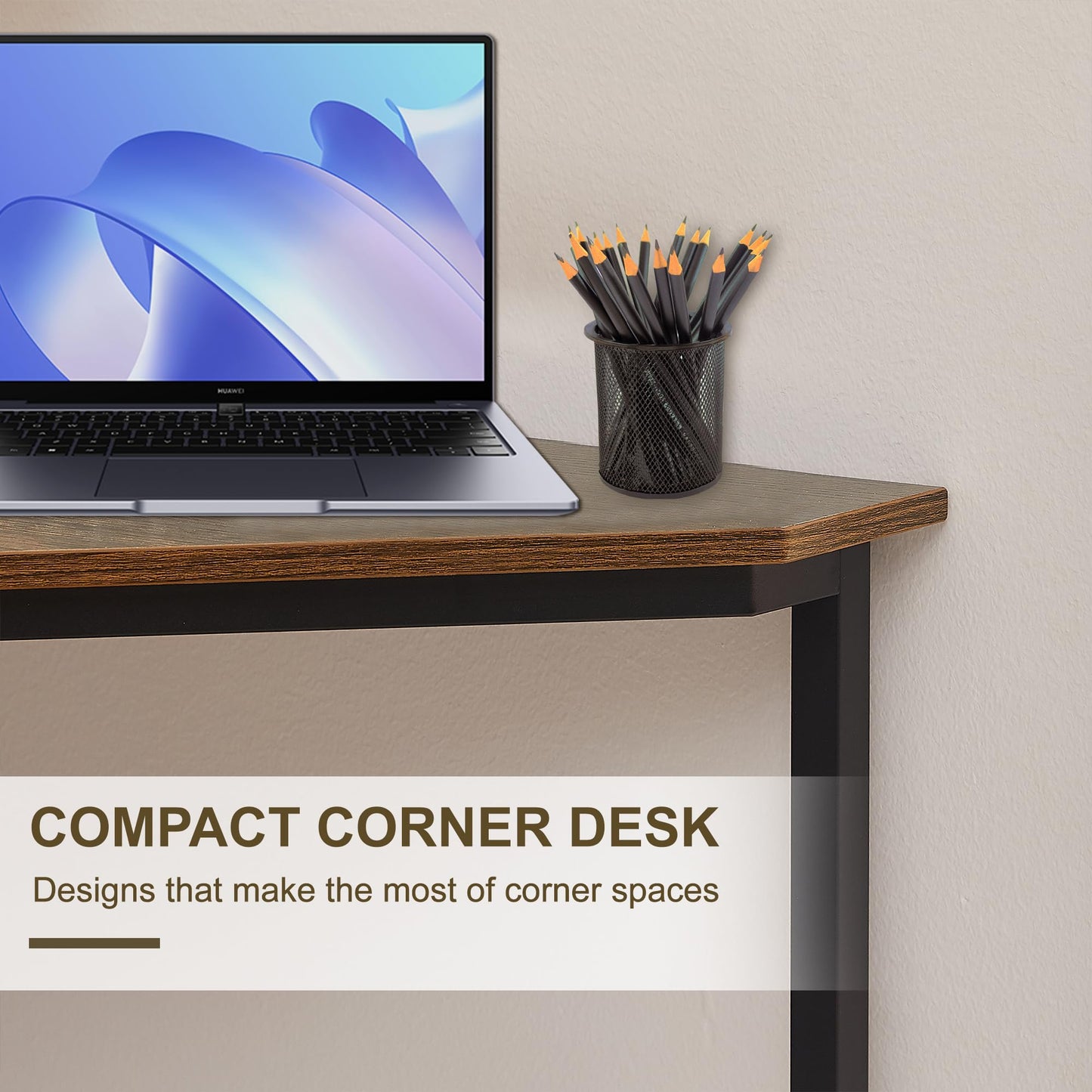 VECELO Corner Desk,Office Tables for Living Room for Small Space Triangle Computer Desk with Steel Frame Corner Shelves with Metal Frame Writing Desk for Workstation Classic Brown 33.1"