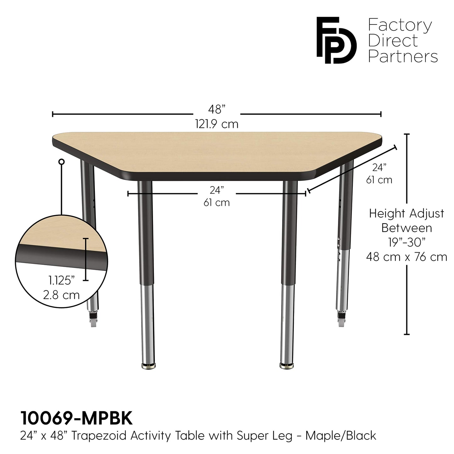 FDP Mobile Trapezoid Activity School and Office Table (24 x 48 inch), Super Legs with Glides and Casters for Collaborative Environments, Adjustable Height 19-30 inches - Maple Top and Black Edge