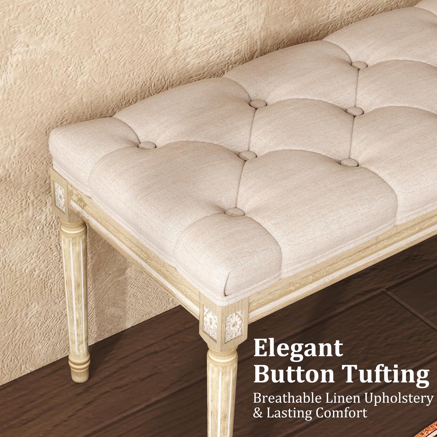 Yusong Upholstered Bench, Bedroom Bench for End of Bed, Piano Bench with Button Tufted Padded Seat for Living Room, Dining, Entryway, Shoe, Vanity Foot-Stool with Carved Wood Legs, Beige