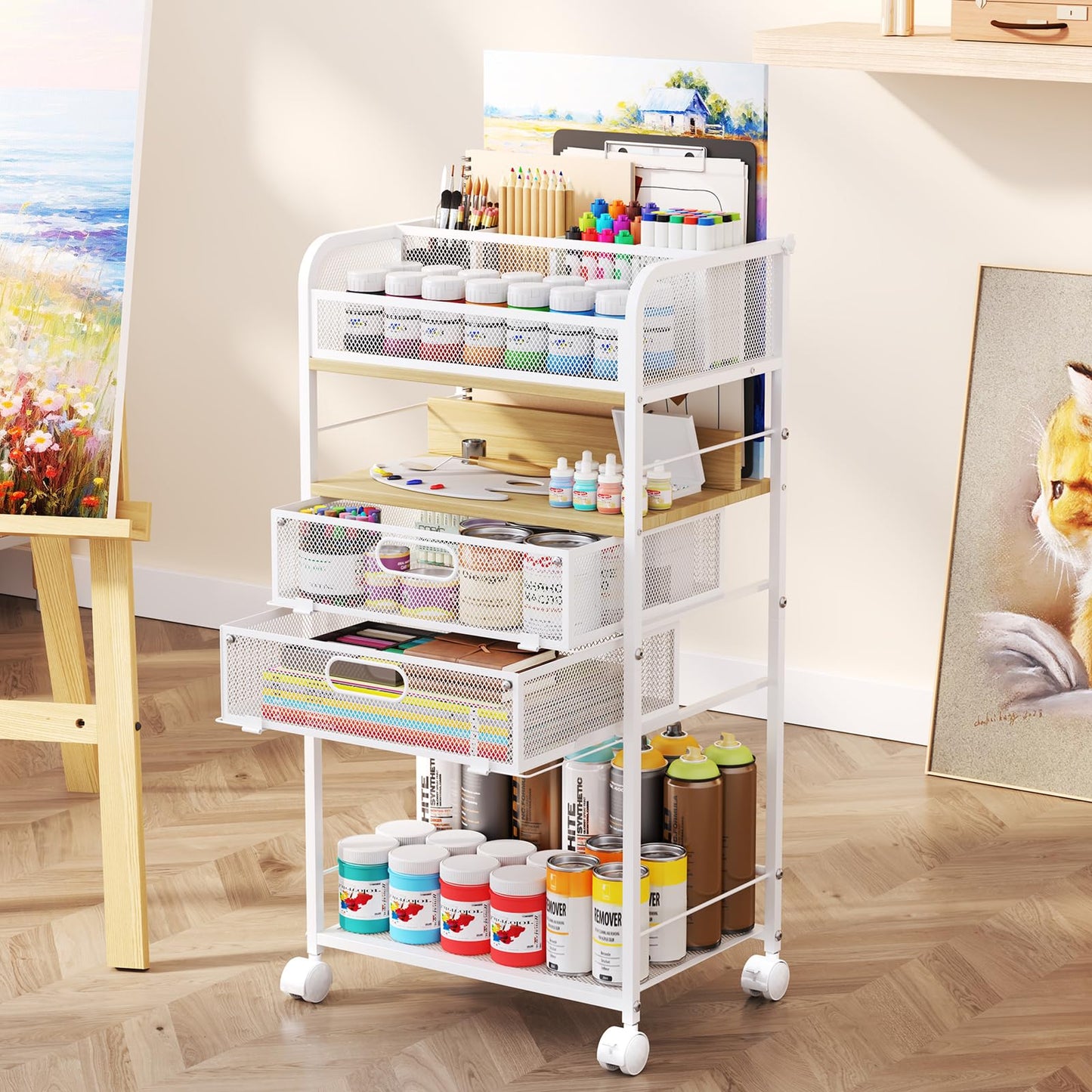 Homsorout Art cart, 5 Tier Rolling Cart - Utility Cart with Storage Drawer and Wheels, Versatile Art & Craft Organizer for Home, Office, or Studio Ideal for Storing Brushes, Paints （Maple）