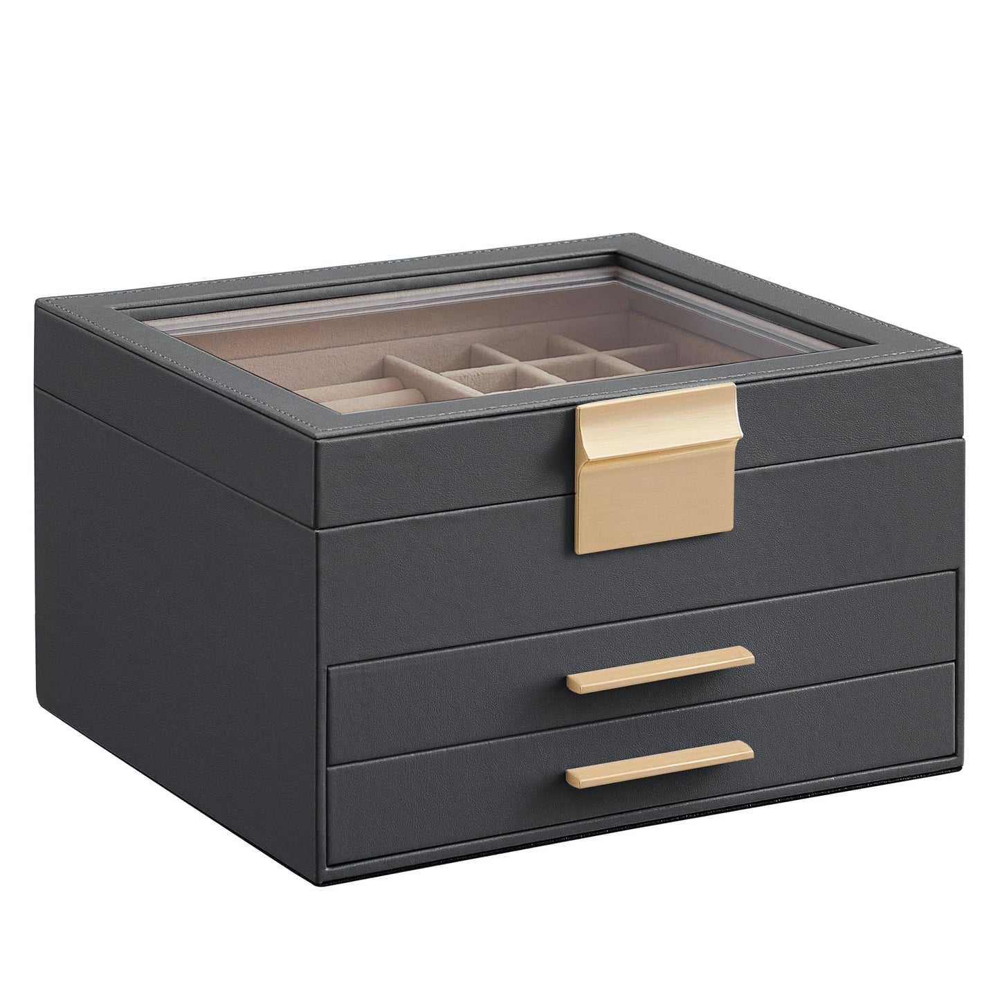 SONGMICS GISELLA Collection - Jewelry Box Organizer, 3-Layer Jewelry Storage with 2 Drawers, Shiny Metal Hardware, Glass Lid, Modern, 8 x 9.1 x 5.3 Inches, Gray and Gold Color UJBC239G02