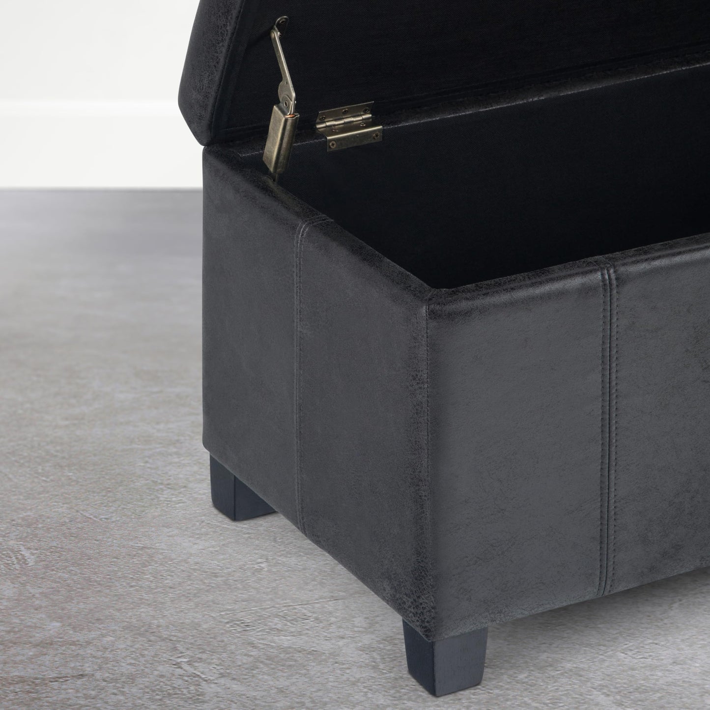 SIMPLIHOME Dover Storage Ottoman Bench - 36 inch Wide Upholstered Vegan Leather Rectangle Storage Ottoman Bench in Distressed Graphite Black, Contemporary Ottoman for Living Room with Lift-Up Lid