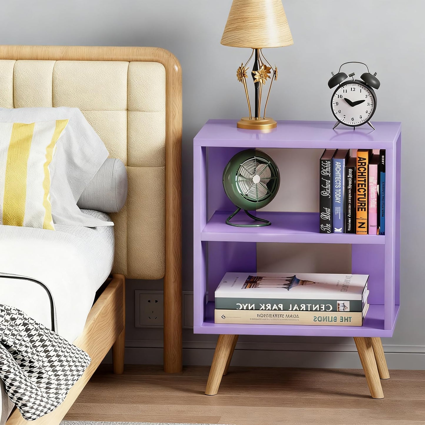 Aenuert Night Stand, Purple Nightstand, Modern End Table with Open Storage, 2-Tier Wooden Bedside Table for Small Space, Living Room, Bedroom