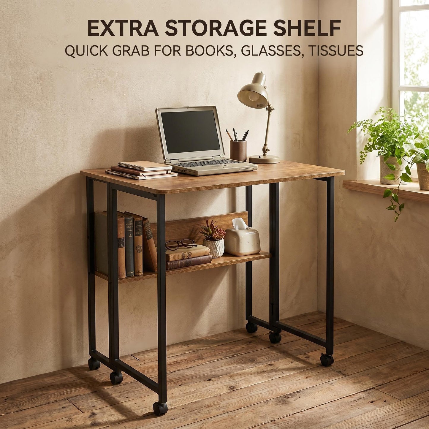 Windpost Mobile Foldable Desk w/ 6 Wheels,Portable Rolling Small Computer Desk w/Storage Shelves, Folding desks for Small Spaces, Computer Table for Home Office Bedroom Living Room-Brown
