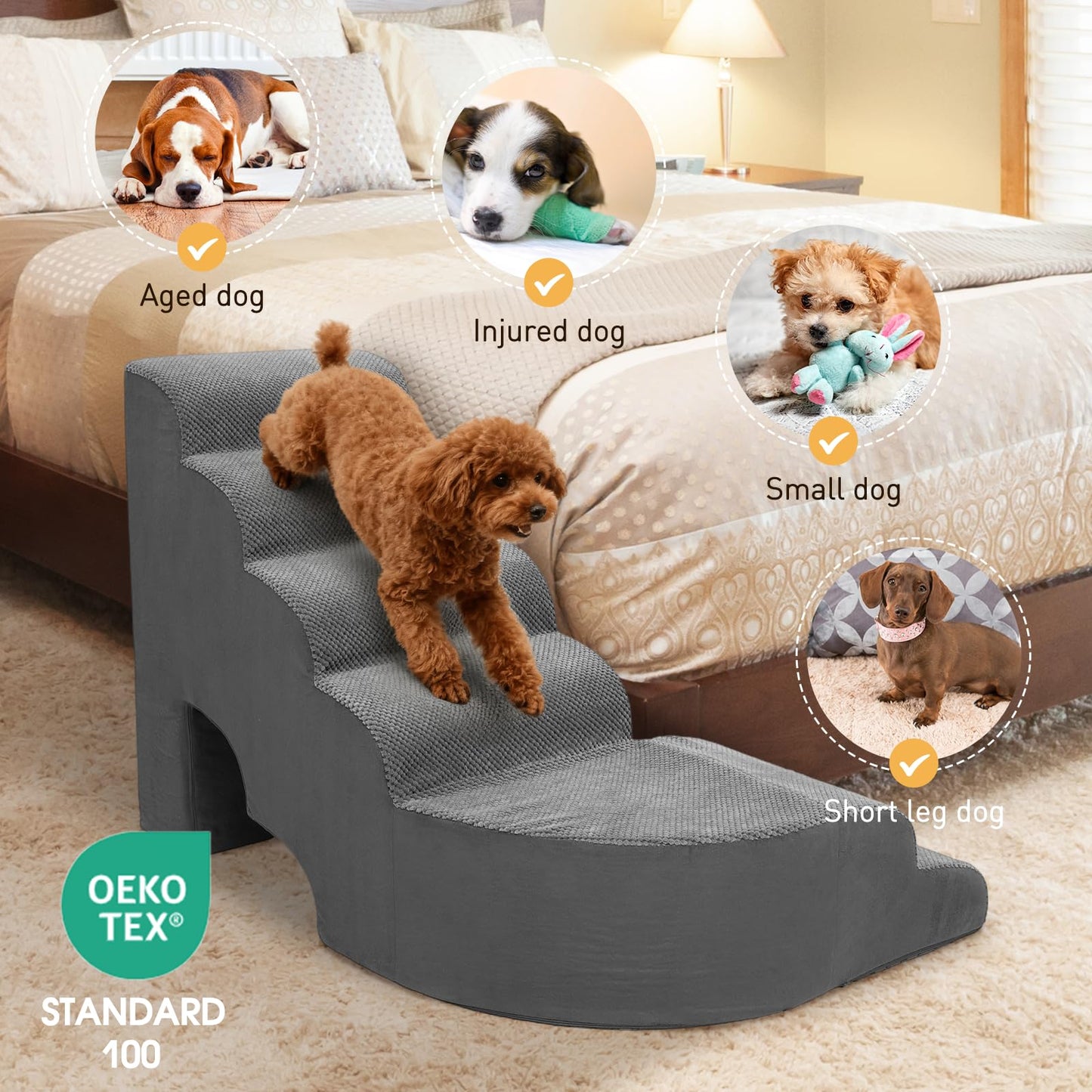Dog Stairs for High Beds, 6 Steps Soft Foam Pet Stairs for Bed 27-30 inches, L Shaped Dog Steps, Non-Slip Sturdy Pet Stairs, 30D Foam Doggie Ramp for Small/Large Dogs/Old Cats