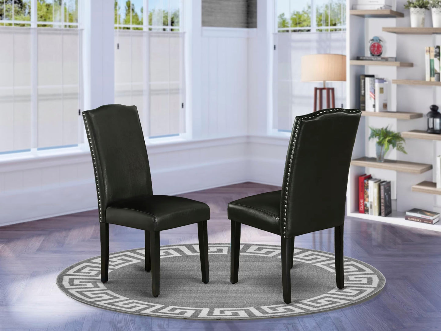 East West Furniture ENP1T69 Encinal Parson Dining Room Chairs - Nailhead Trim Black Faux Leather Padded Chairs, Set of 2, Black