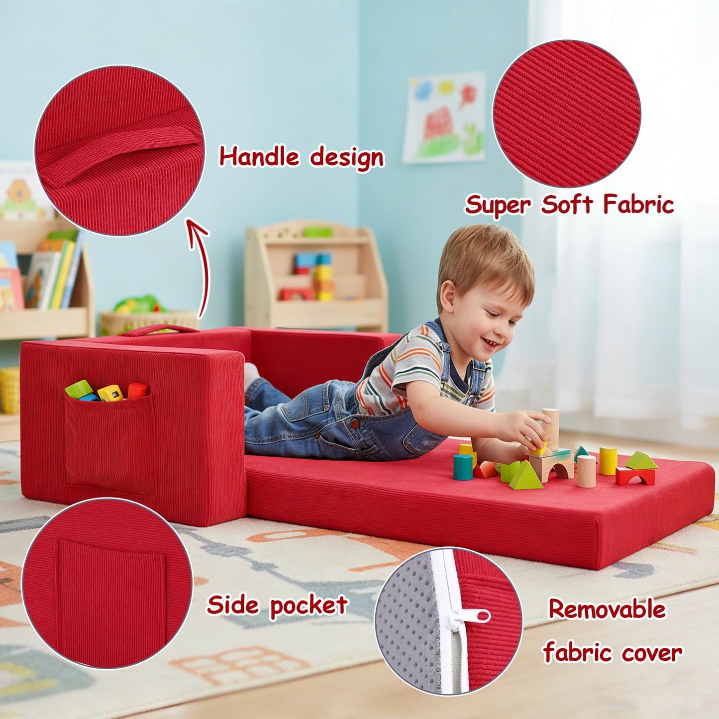 Tiita 2-in-1 Kids Sofa, Convertible Children Couch to Lounger, Flip Out Kids Chair, Toddler Armrest Chair Bed, Folding Kid Play Sofa for Girl or Boy, Corduroy Red