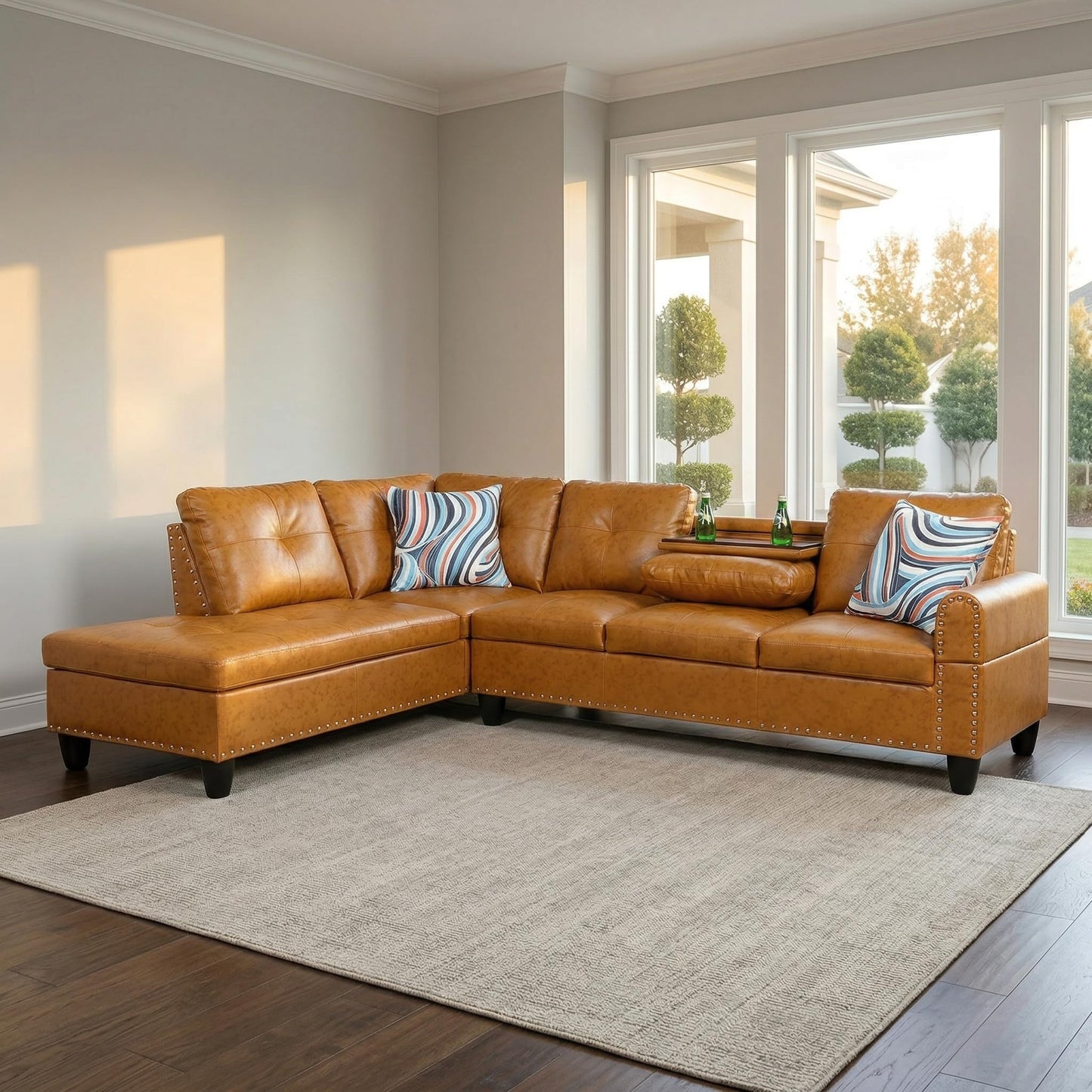 Trygoal L-Shaped Sectional Sofa, Modern 4-Seat Couch with Built-in Cup Holders, Leather Sectional Couch with Left Facing Chaise for Living Room, Apartment, Office, Ginger
