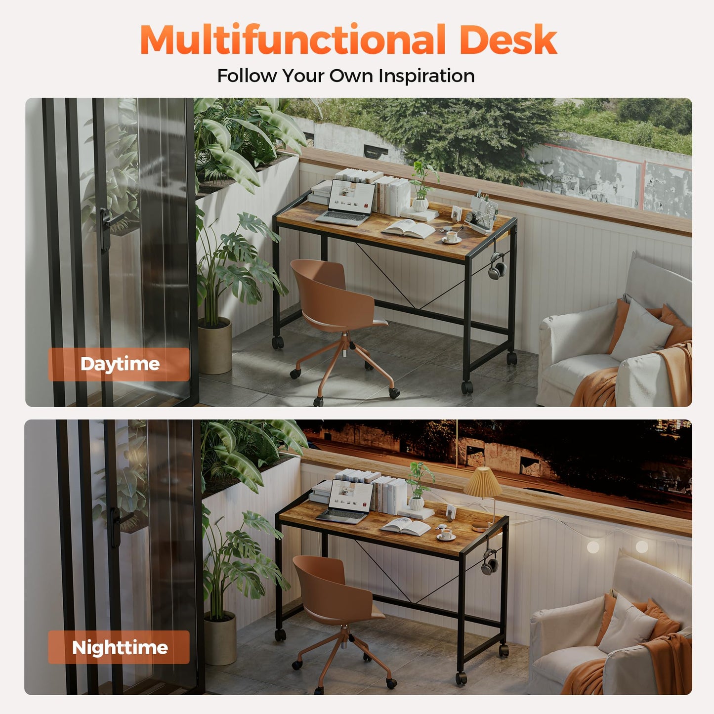Mericonia 32 inch Rolling Computer Desk with Wheels, Gaming Desk for Small Spaces, Modern Simple Style Table for Home Office, Study Writing Table