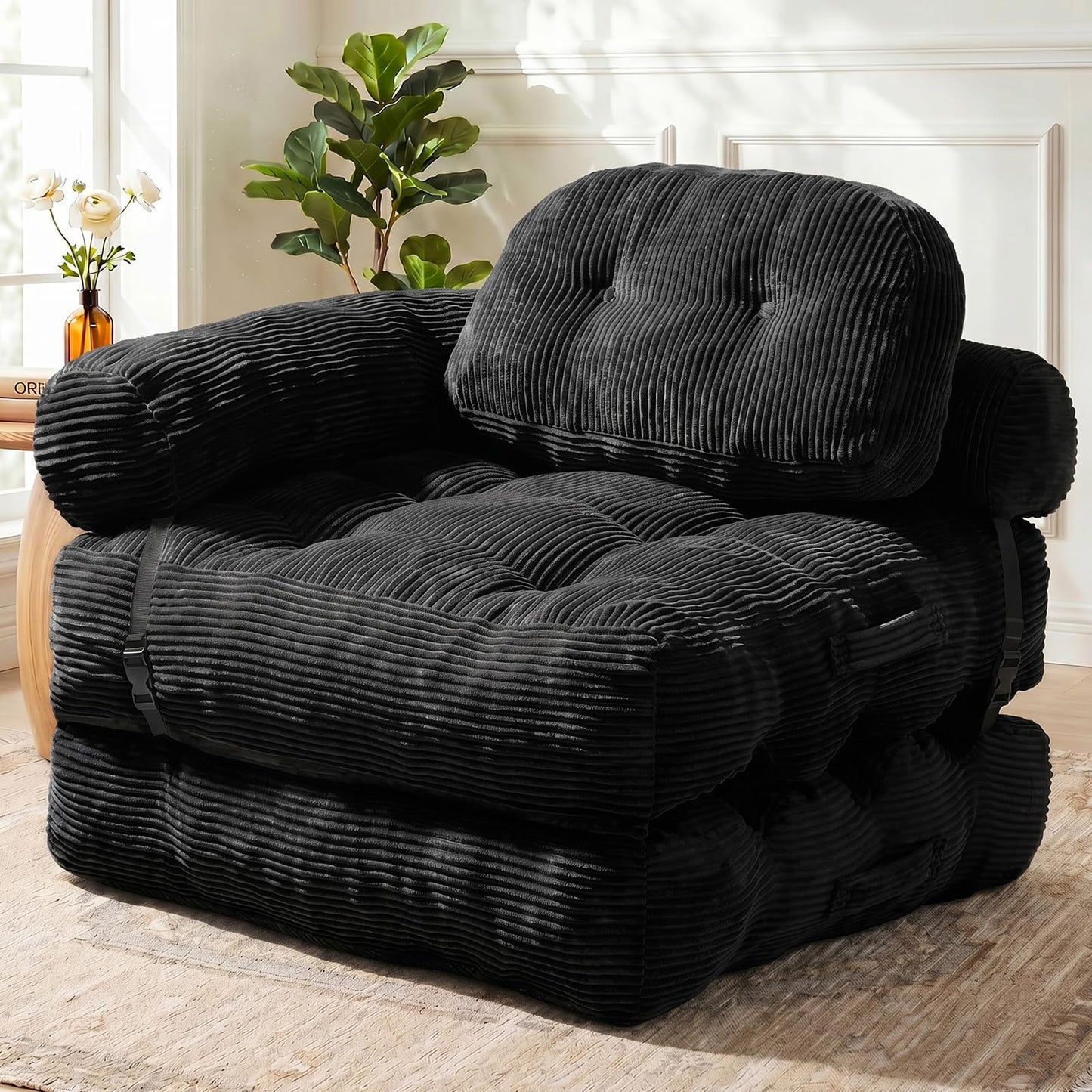 Vellorise Folding Sofa Bed, L-Shaped Couch Back Support and Arm Pillow Futon, Convertible Sofa Bed for Living Room/Guest Use/Home Office, Boneless Foldable Couch for Adults, Black