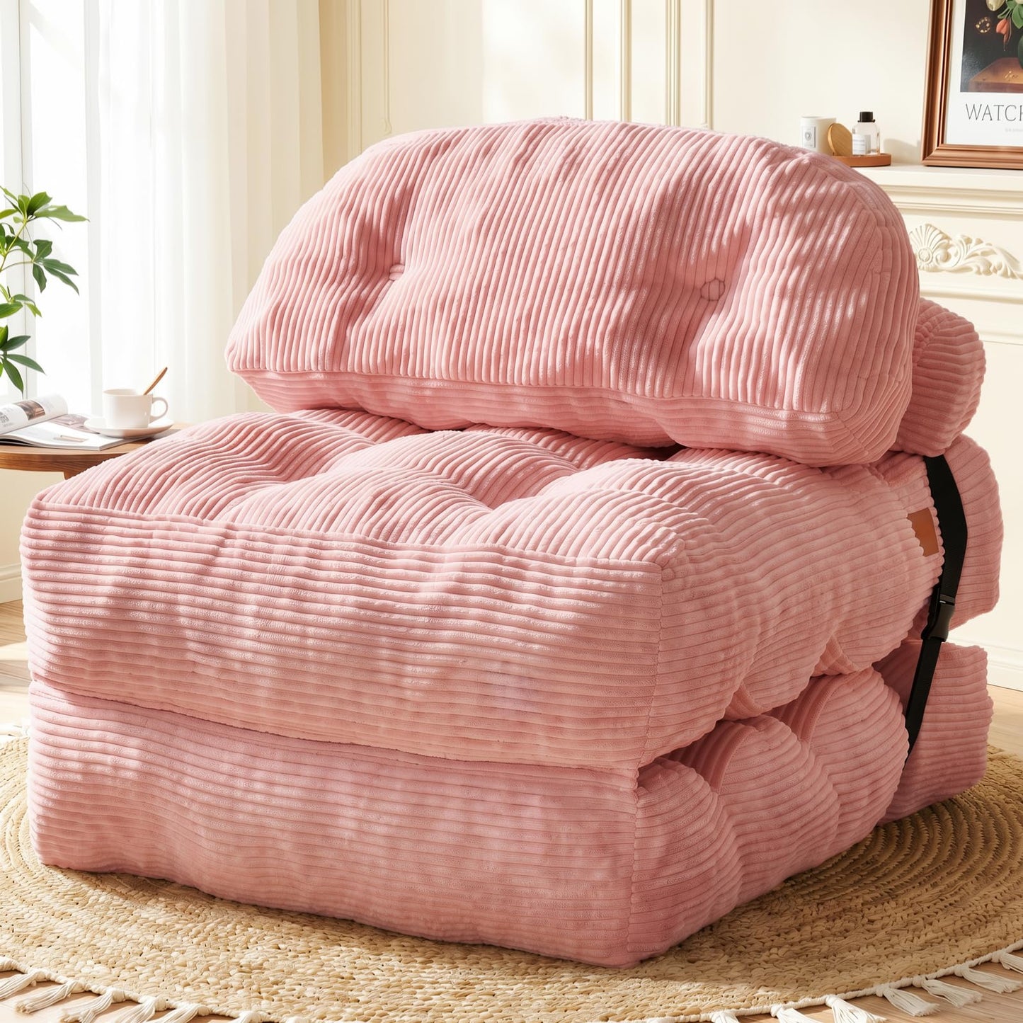 Vellorise Folding Sofa Bed, Convertible Sleeper Chair with Back Support and Pillow Futon,Boneless Foldable Couch for Living Room/Guest Use/Home Office, Foldable Chair Bed for Adults, Pink