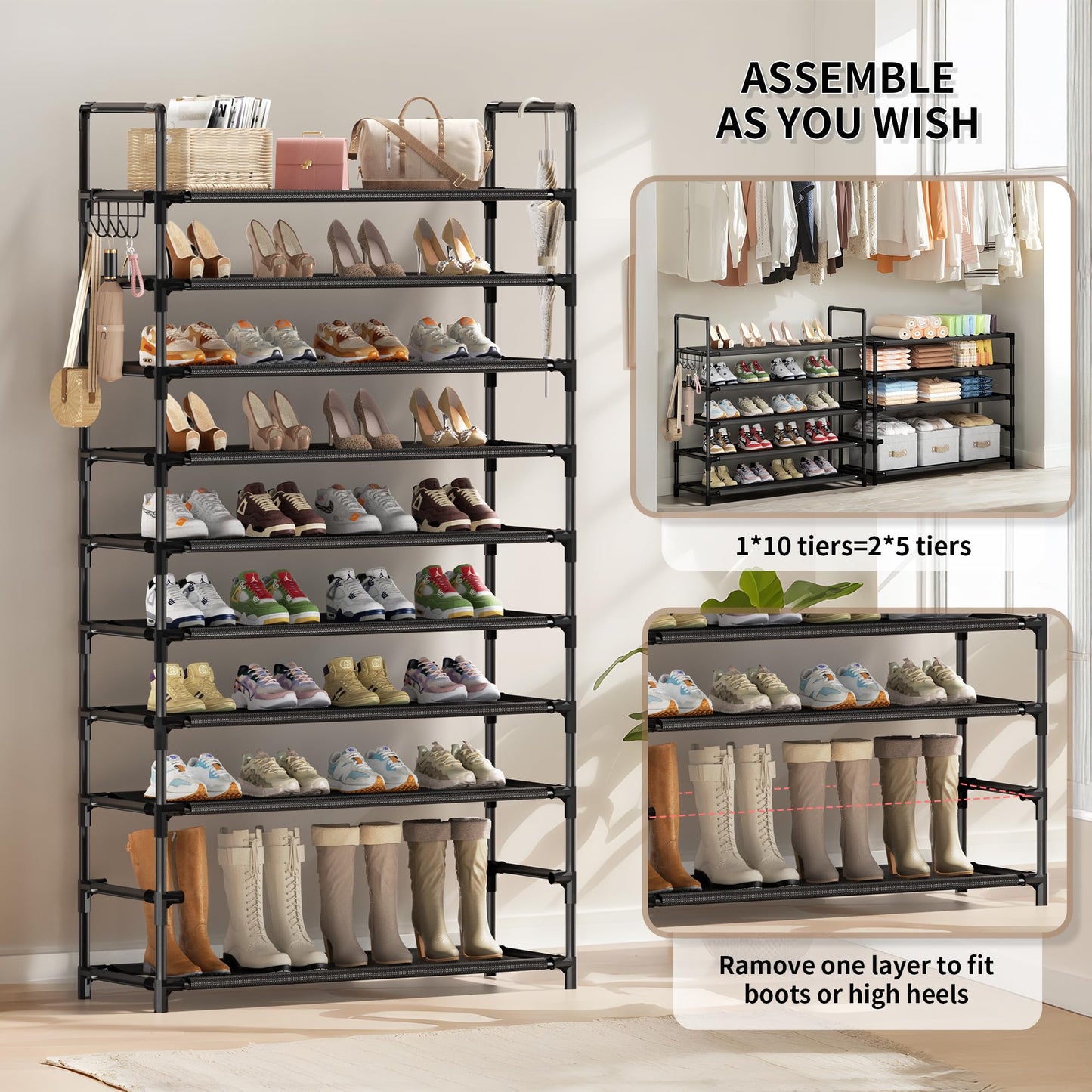 SRRSO Shoe Rack, 10 Tier Shoe Storage Organizer with Hooks,Fit 40-45 Pairs Shoes,Nonwoven Fabric Tall Shoe Shelf for Closet,Entryway, Hallway,Garage,Bedroom,Cloakroom
