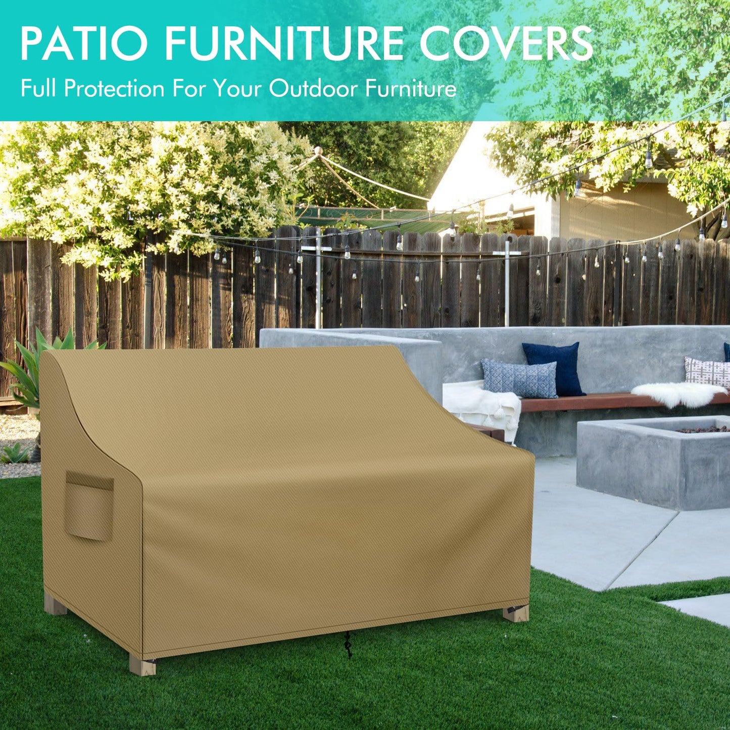 WLEAFJ Patio Sofa Cover Waterproof, Outdoor Loveseat Cover, Heavy Duty Deep Lounge Loveseat Cover, Large Lawn Patio Furniture Covers with Air Vent, 70’’ W x 38’’ D x 31’’ H, Khaki
