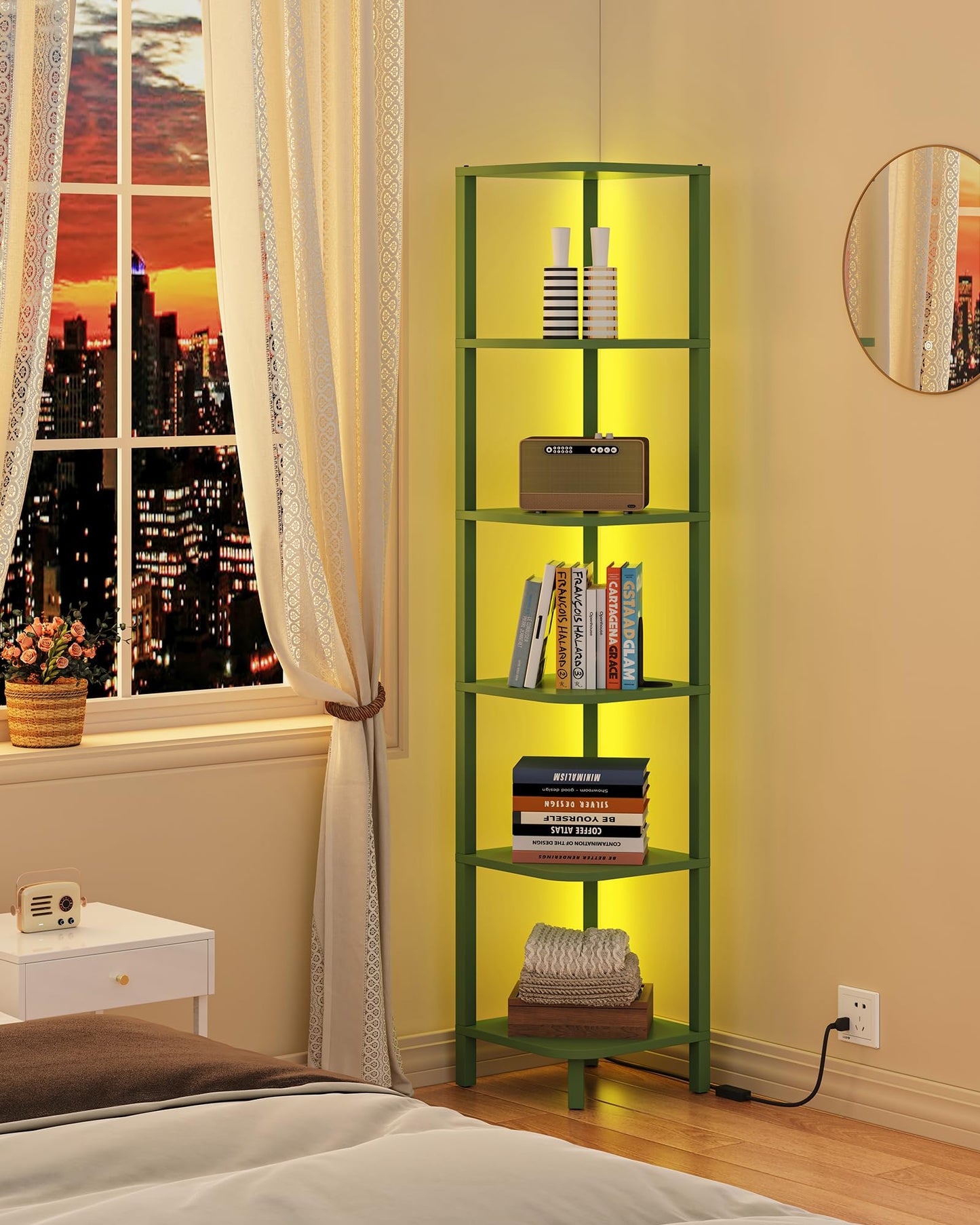 TUTOTAK Corner Shelf with LED Light, 6-Tier Corner Bookshelf for Small Space, Narrow Display Corner Shelf Stand with Storage Rack, for Living Room, Bedroom, Olive Green BS08BOG006L