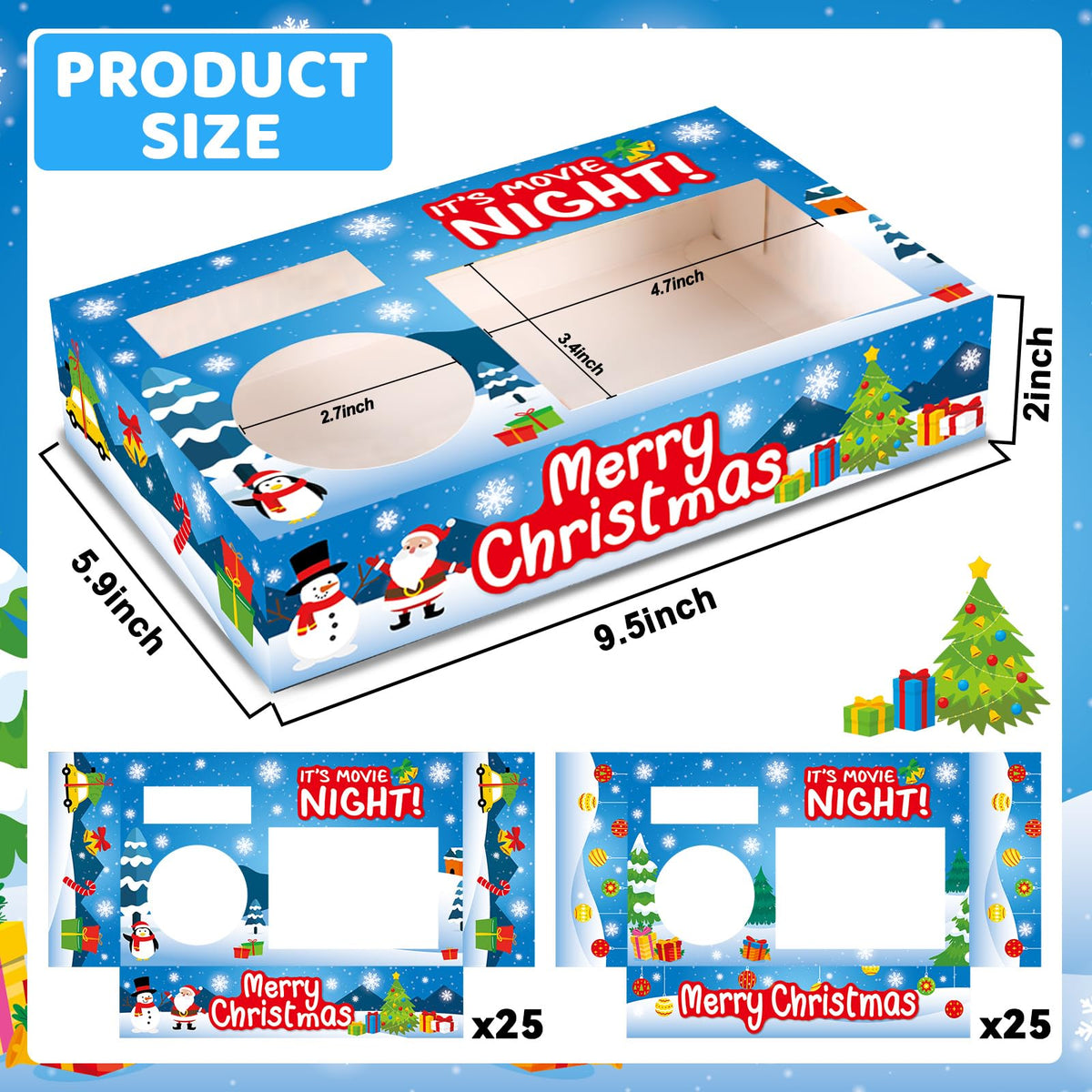 QOUBAI 50Pcs Christmas Party Supplies Movie Night Paper Snacks Boxes Xmas Movie Theater Snack Tray Party Decorations Popcorn Drink Holder Set for Christmas Xmas Tree Snowman Birthday Holiday